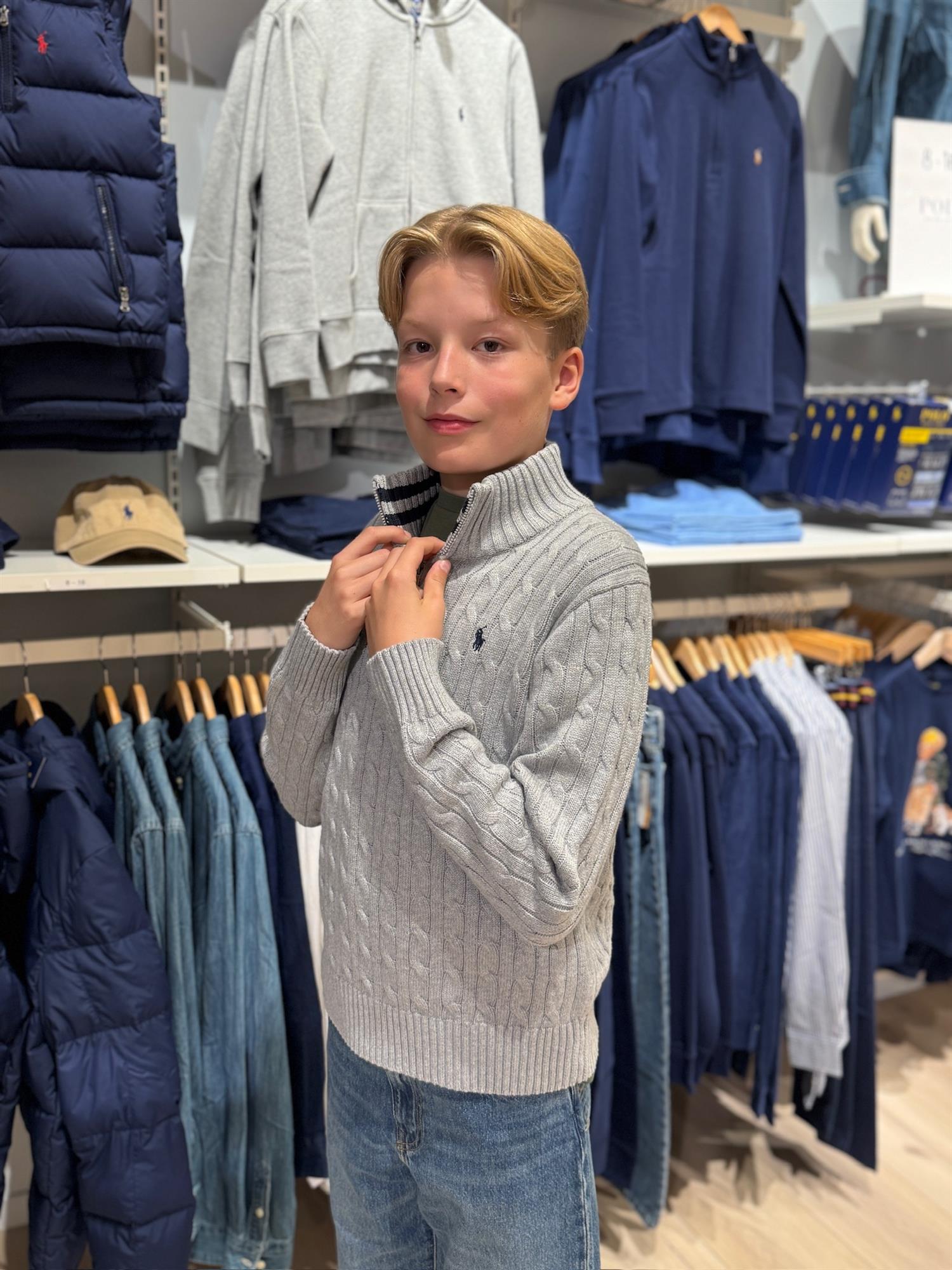 RALPH LAUREN 8-16År Strikket genser m/fletter og zip Grå