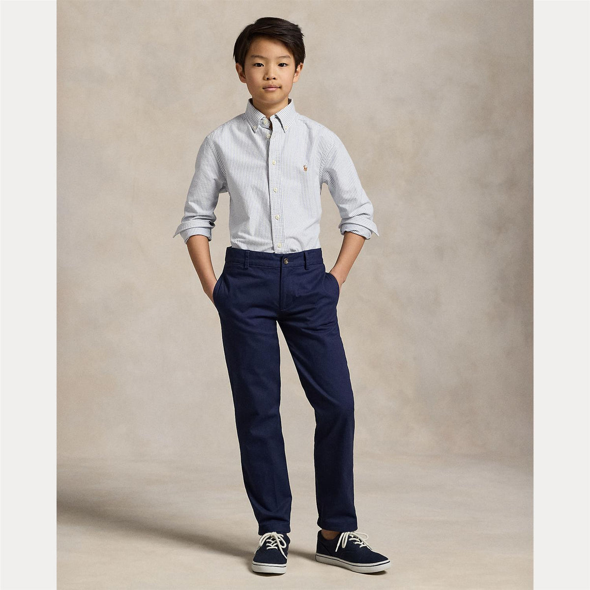 Ralph Lauren barneoxfordskjorte i blå og hvite striper, til barn 8-16 år, overdel med klassisk design.