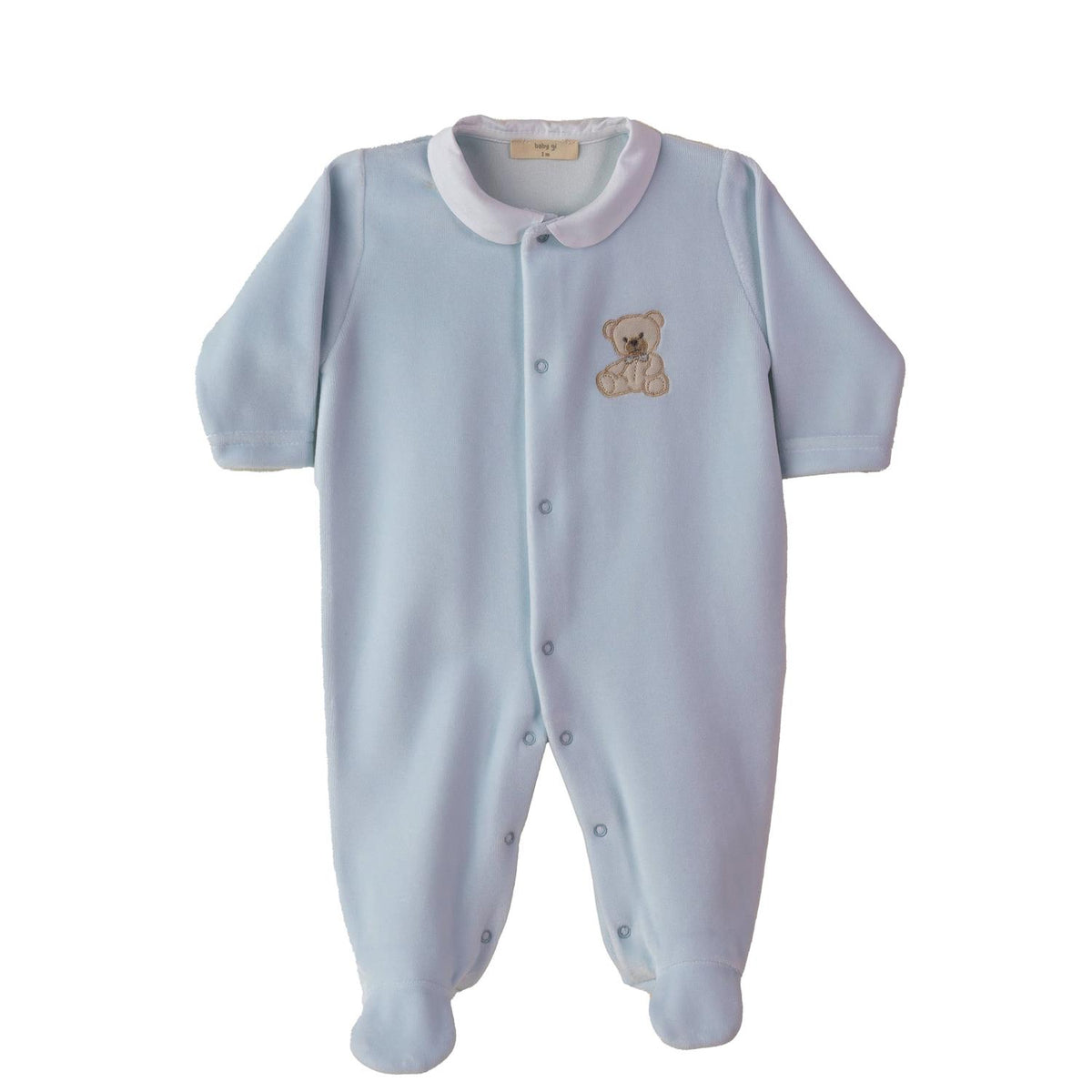 Babys heldrakt fra BABY GI, blå teddy med fot, myk og søt heldress for babyer 0-3 år, komfortabel og varm.