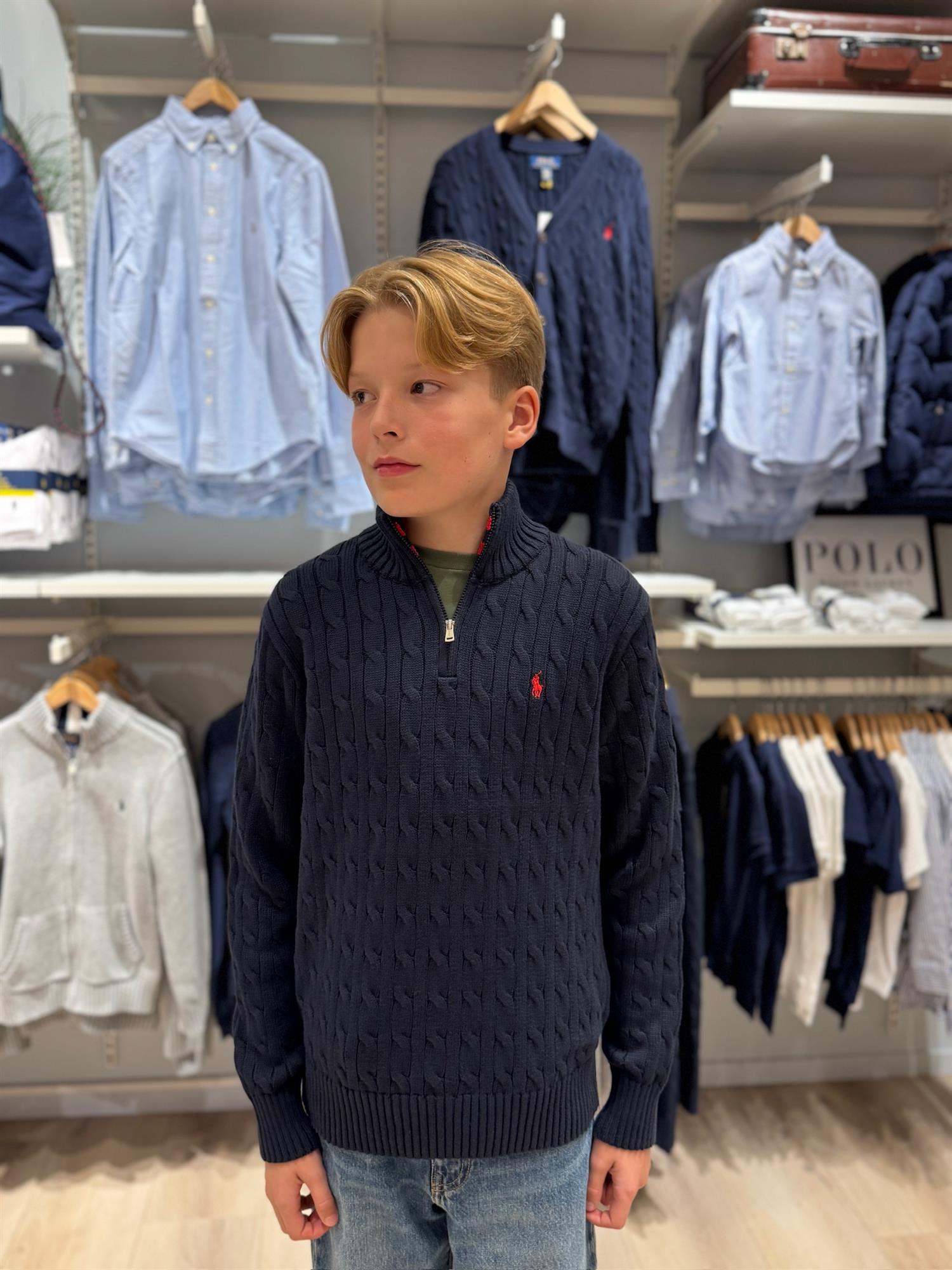 RALPH LAUREN 8-16År Strikket genser m/fletter og zip Mørkeblå
