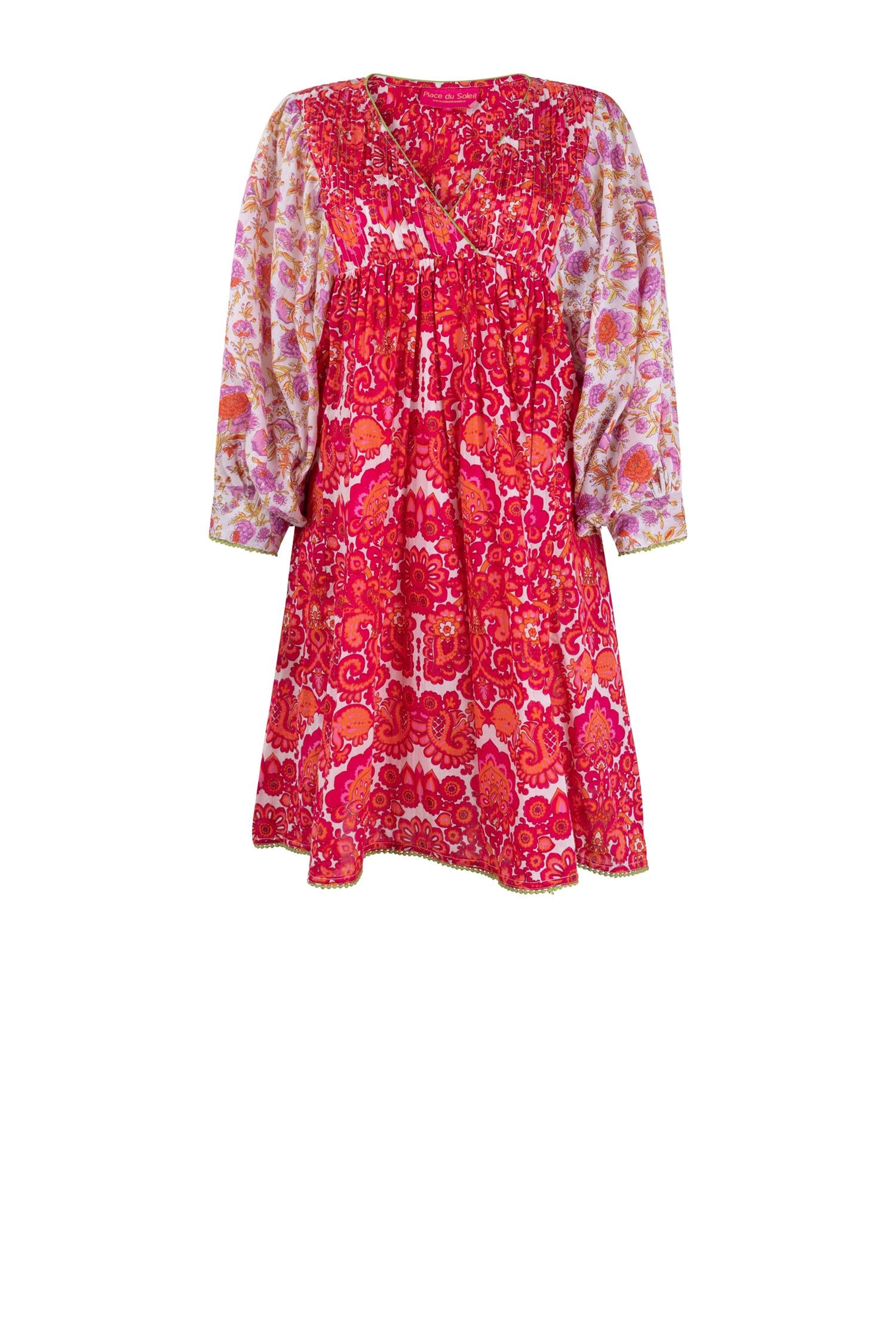 Place du soleil Short Dress Red/White With Pink Flower Sleeves Rød