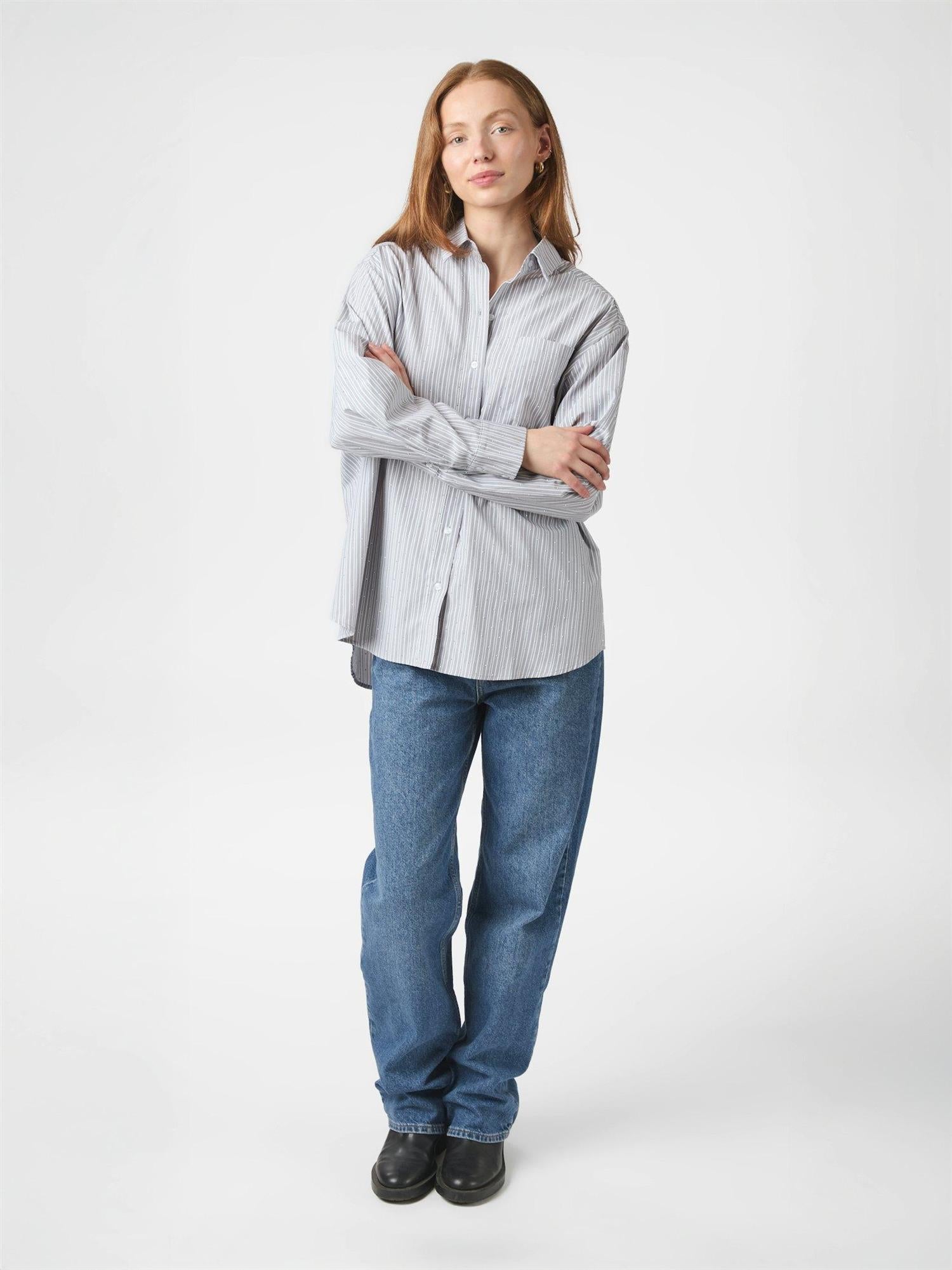 NEO NOIR Dalma Stripe Stone Shirt Lys Grå Stripet