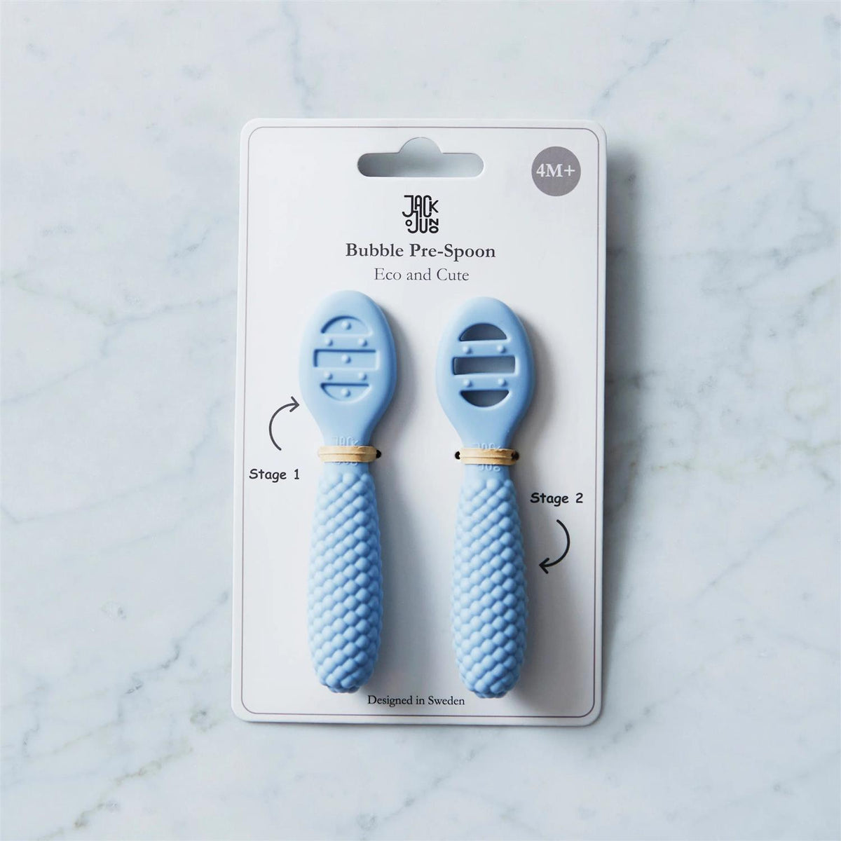 Lyseblå JACK o JUNO Bubble Pre-Spoons for barn, interiør, med blå plastskjeer og elegante design for barnevennlig bruk.