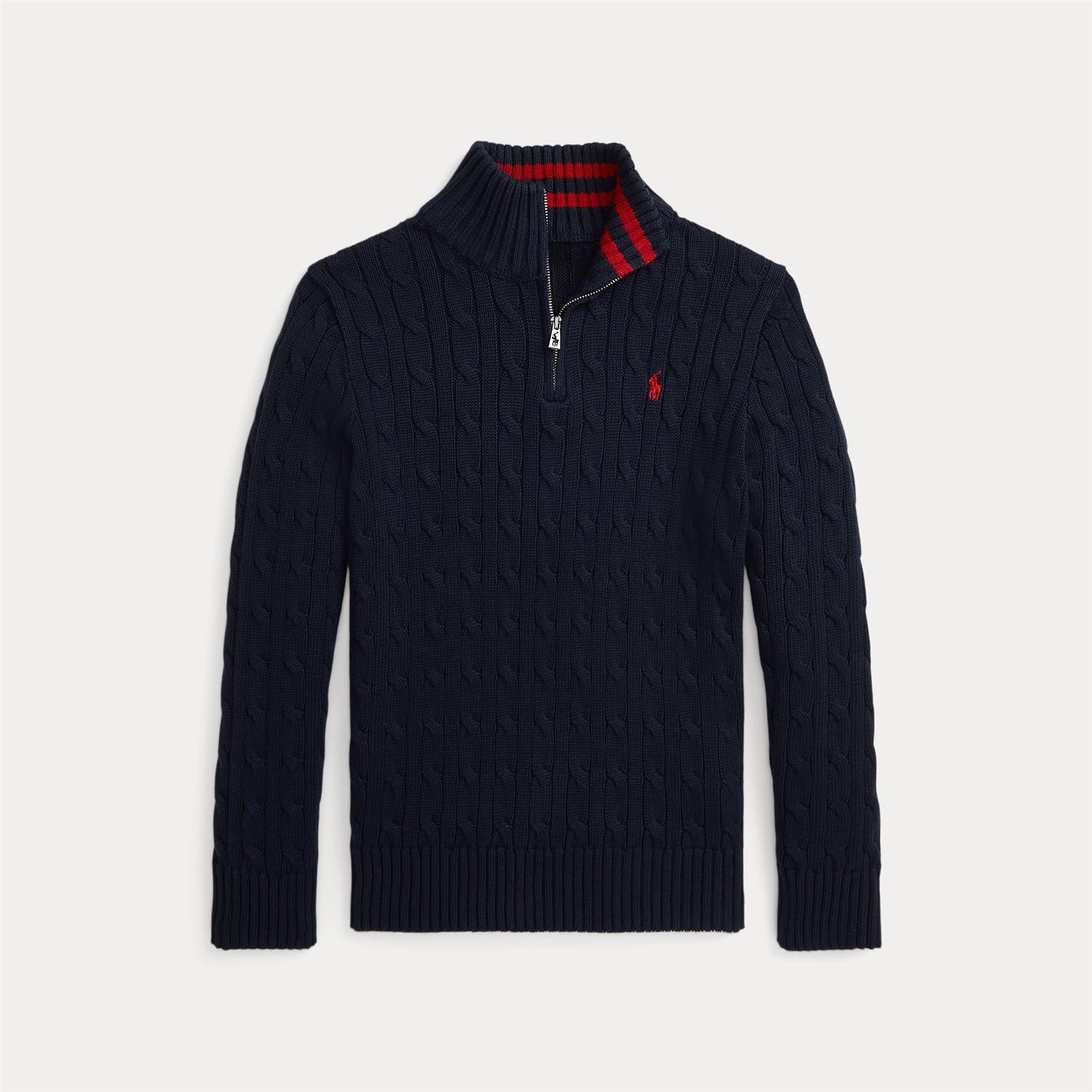 RALPH LAUREN 8-16År Strikket genser m/fletter og zip Mørkeblå