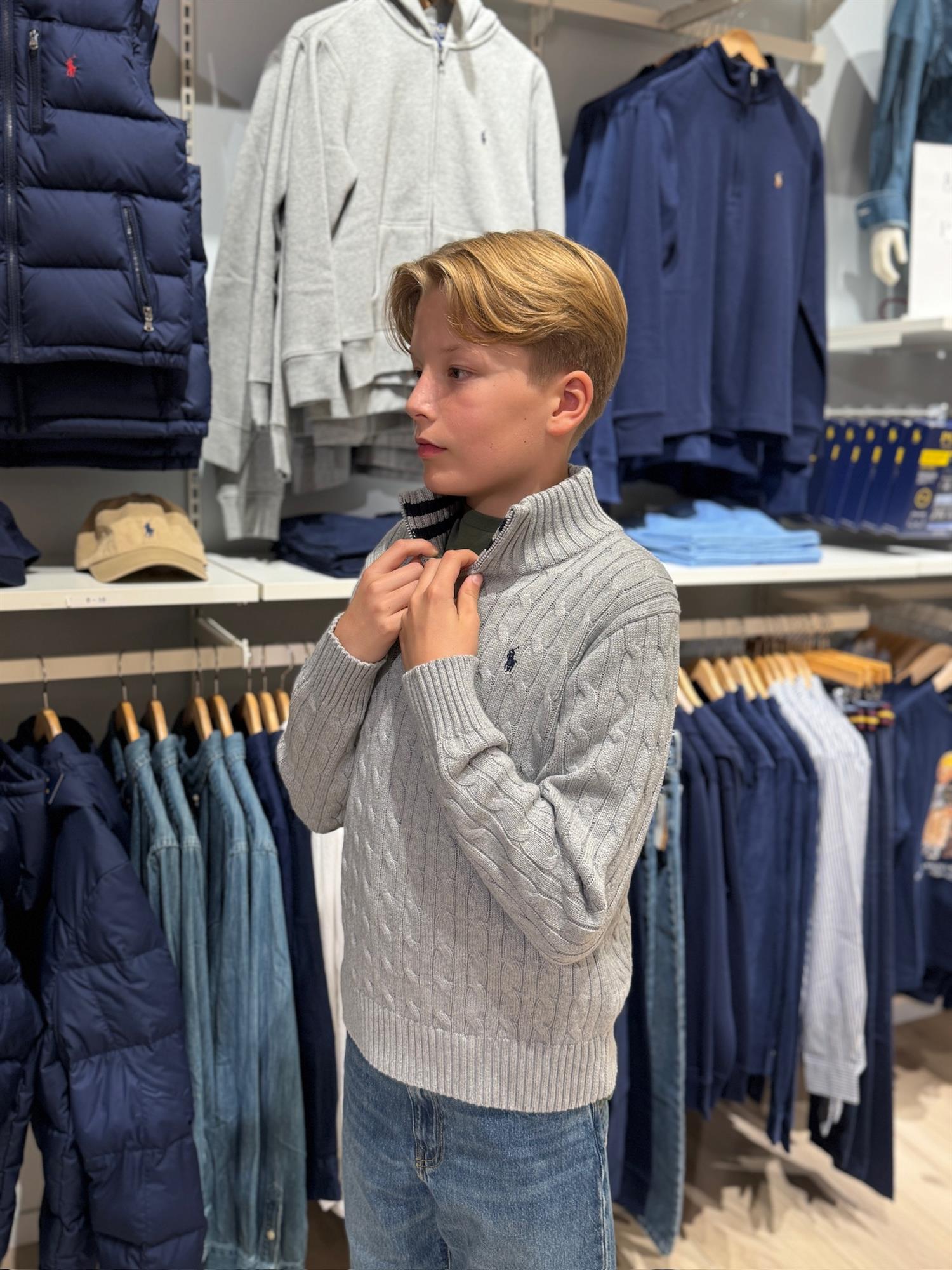 RALPH LAUREN 8-16År Strikket genser m/fletter og zip Grå