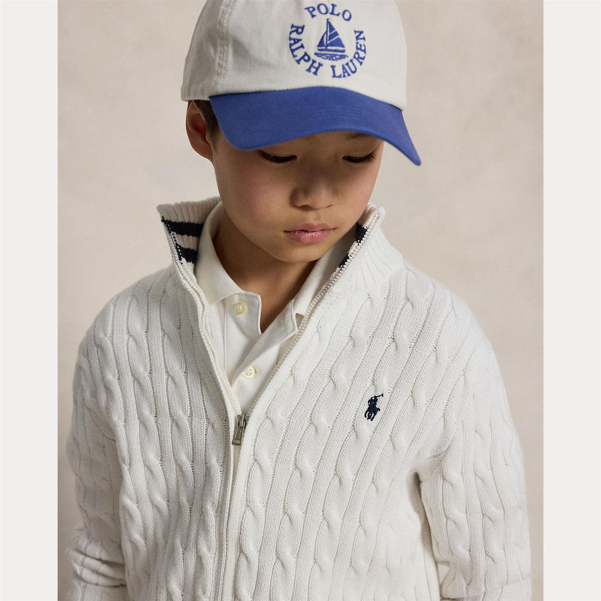 RALPH LAUREN 8-16År Strikket jakke m/fletter og zip Hvit