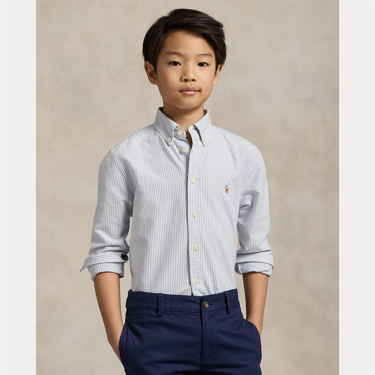 Ralph Lauren barn oxford skjorte for 8-16 år med blå og hvite striper, langermet og klassisk design.