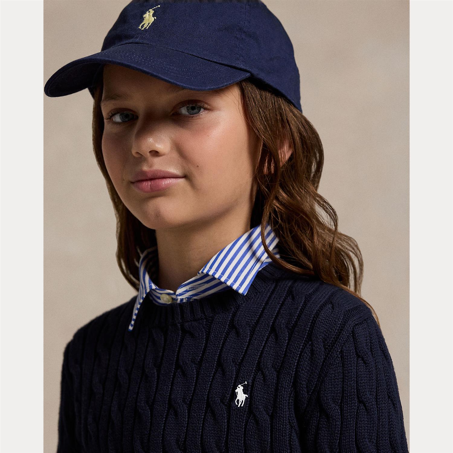 RALPH LAUREN 8-16År Genser m/flettestrikk,Jente Mørkeblå