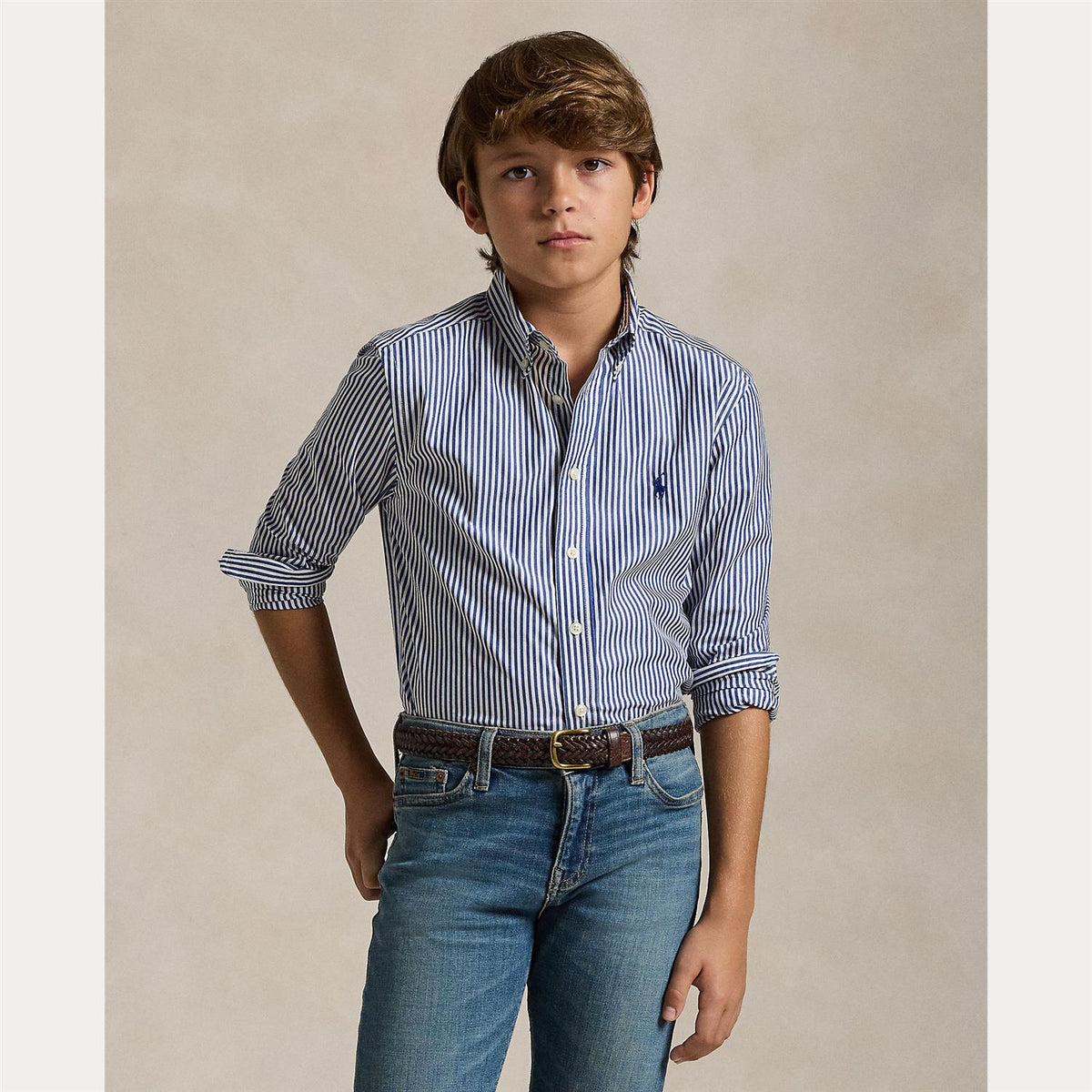 RALPH LAUREN 8-16År Striped Cotton Poplin Shirt Blå/Hvit