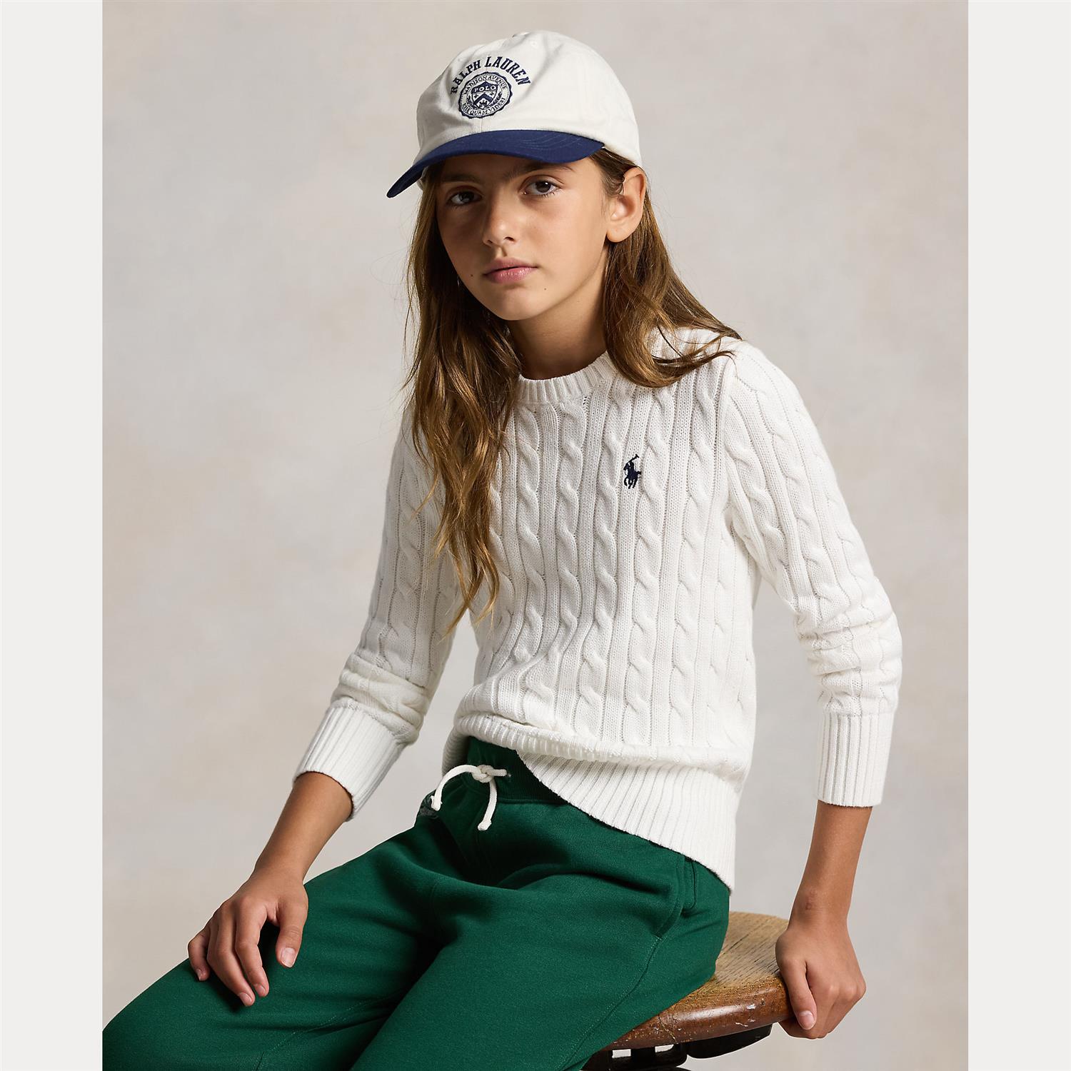 RALPH LAUREN 8-16År Genser m/flettestrikk,Jente Krem