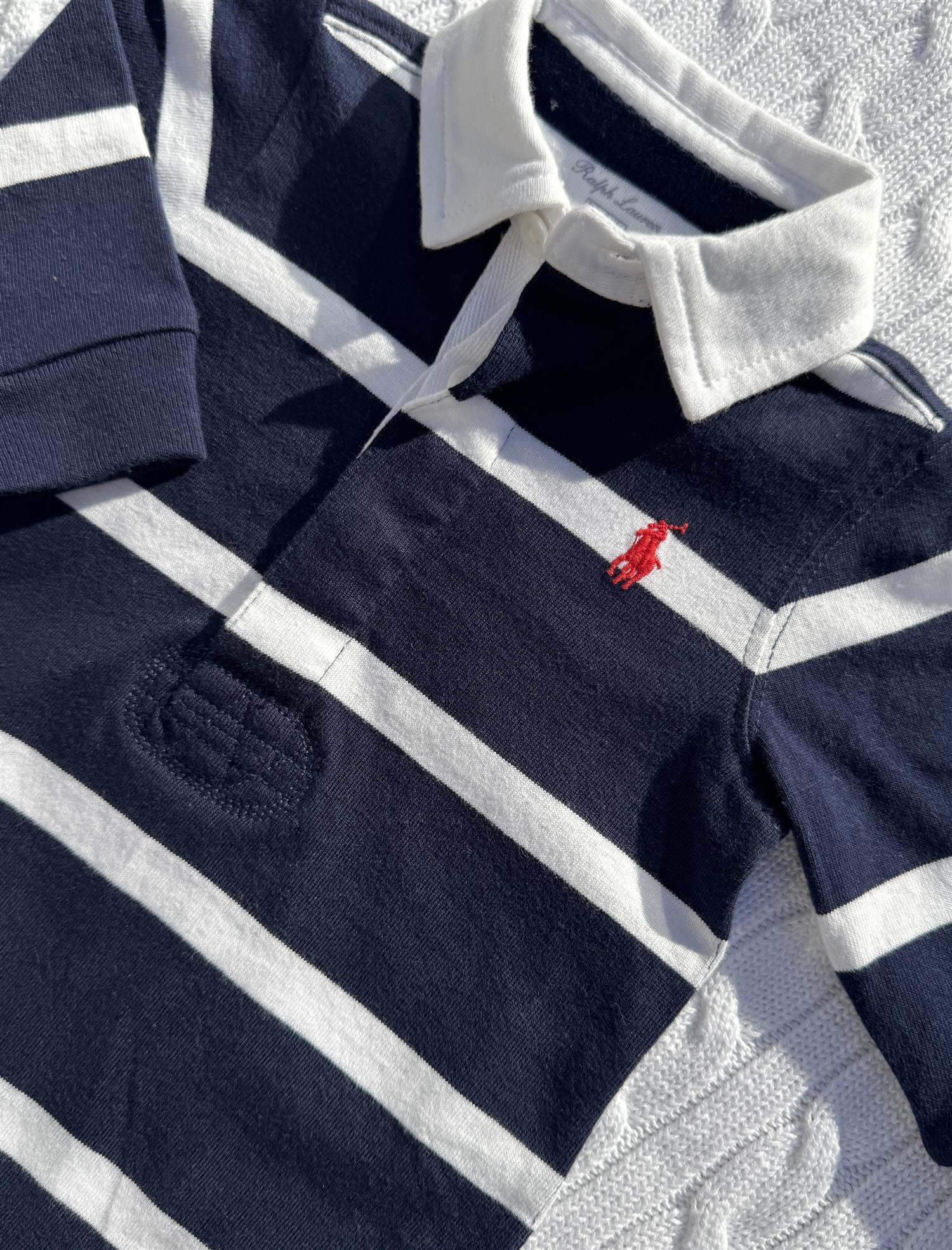 RALPH LAUREN Baby 0-24mnd. Striped Rugby Coverall Blå/Hvit