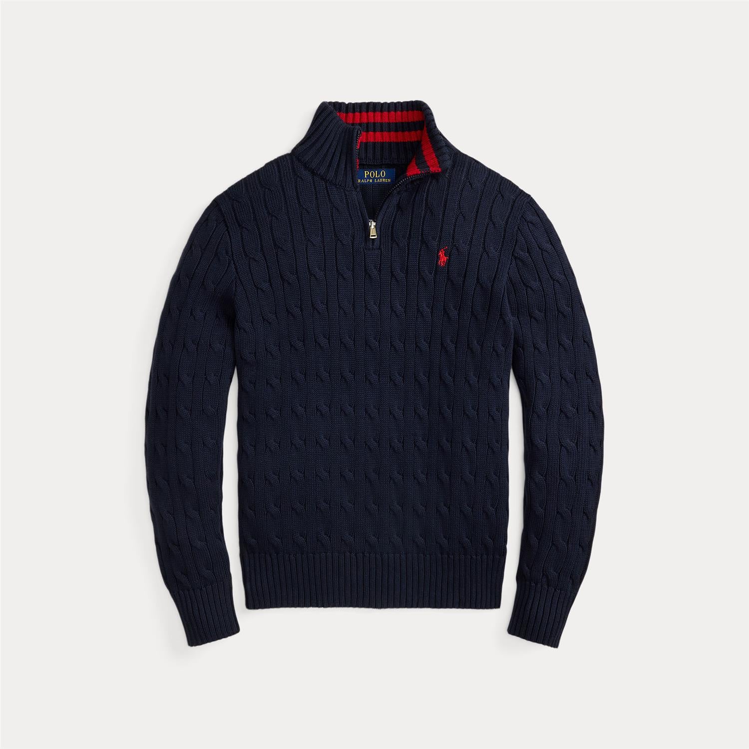 RALPH LAUREN 8-16År Strikket genser m/fletter og zip Mørkeblå