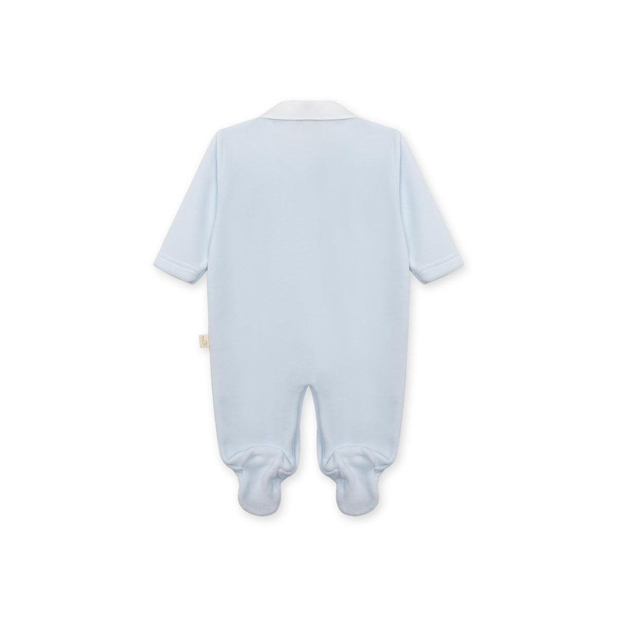 Babygirl i BABY GI Teddy-blå velourdress med fot, søt og komfortabel heldress for babyer 0-3 år.