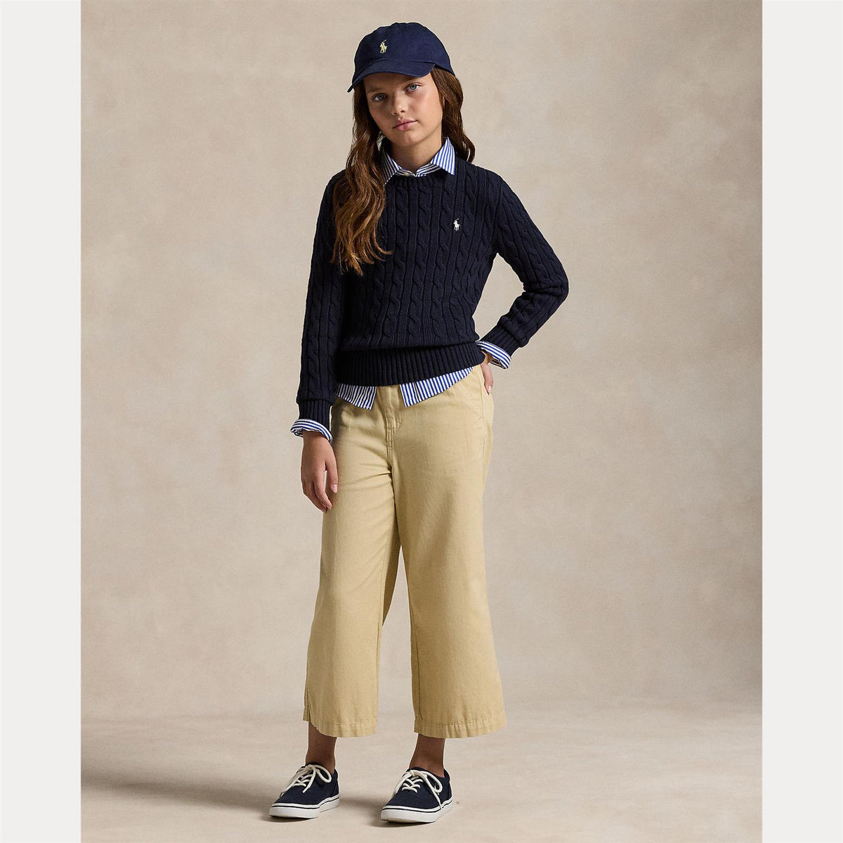 RALPH LAUREN 8-16År Genser m/flettestrikk,Jente Mørkeblå