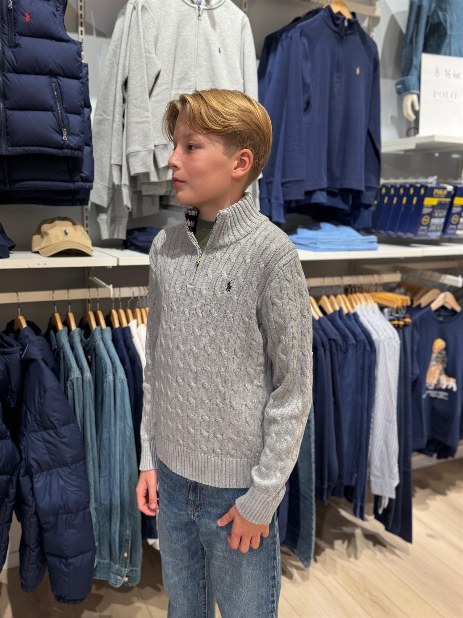 RALPH LAUREN 8-16År Strikket genser m/fletter og zip Grå
