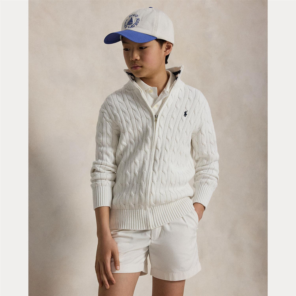RALPH LAUREN 8-16År Strikket jakke m/fletter og zip Hvit