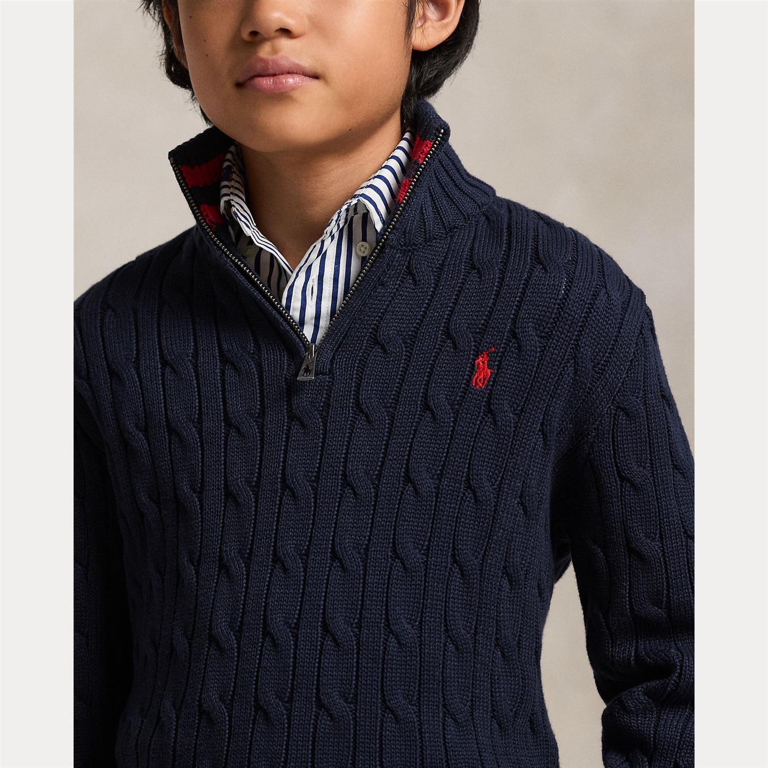 RALPH LAUREN 8-16År Strikket genser m/fletter og zip Mørkeblå