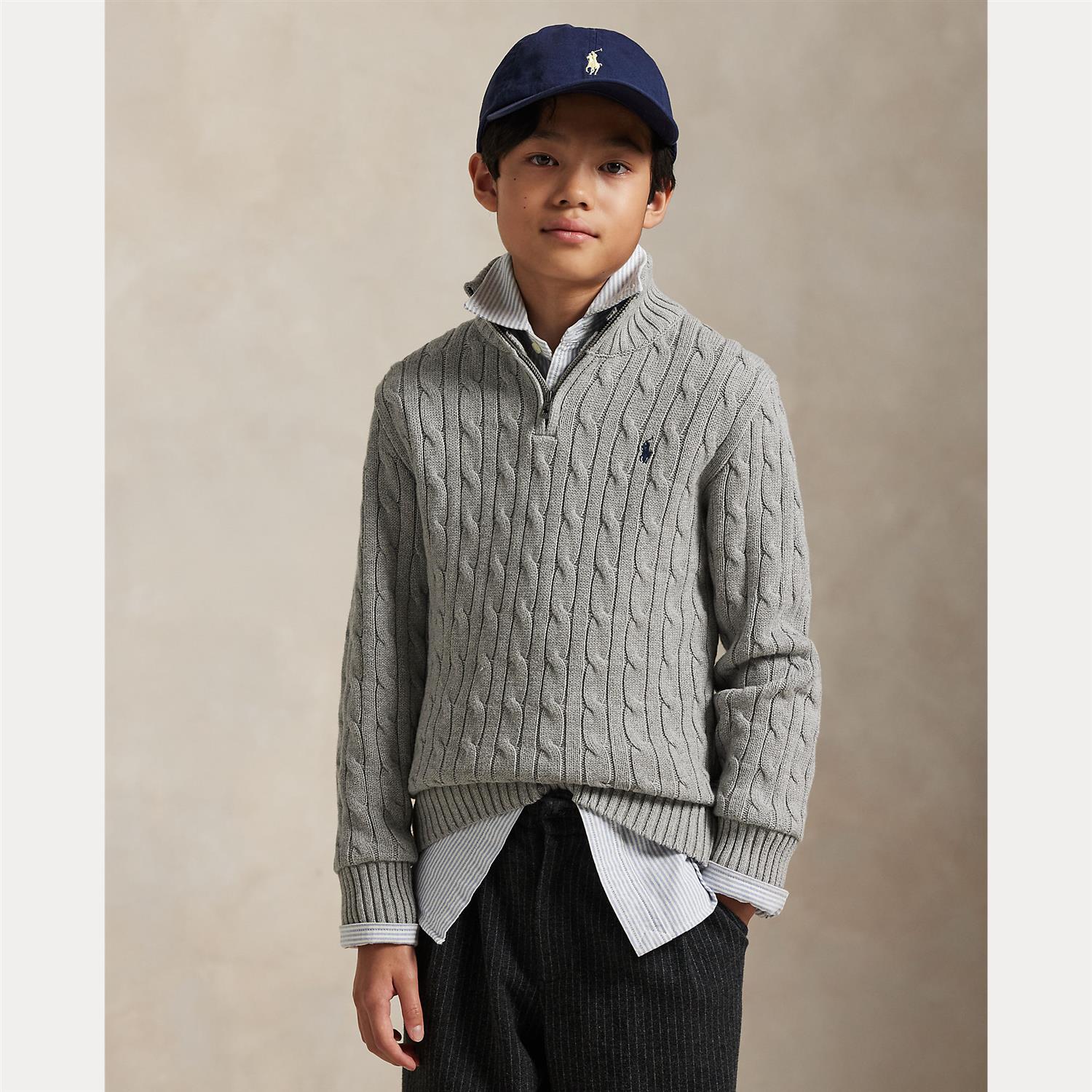 RALPH LAUREN 8-16År Strikket genser m/fletter og zip Grå