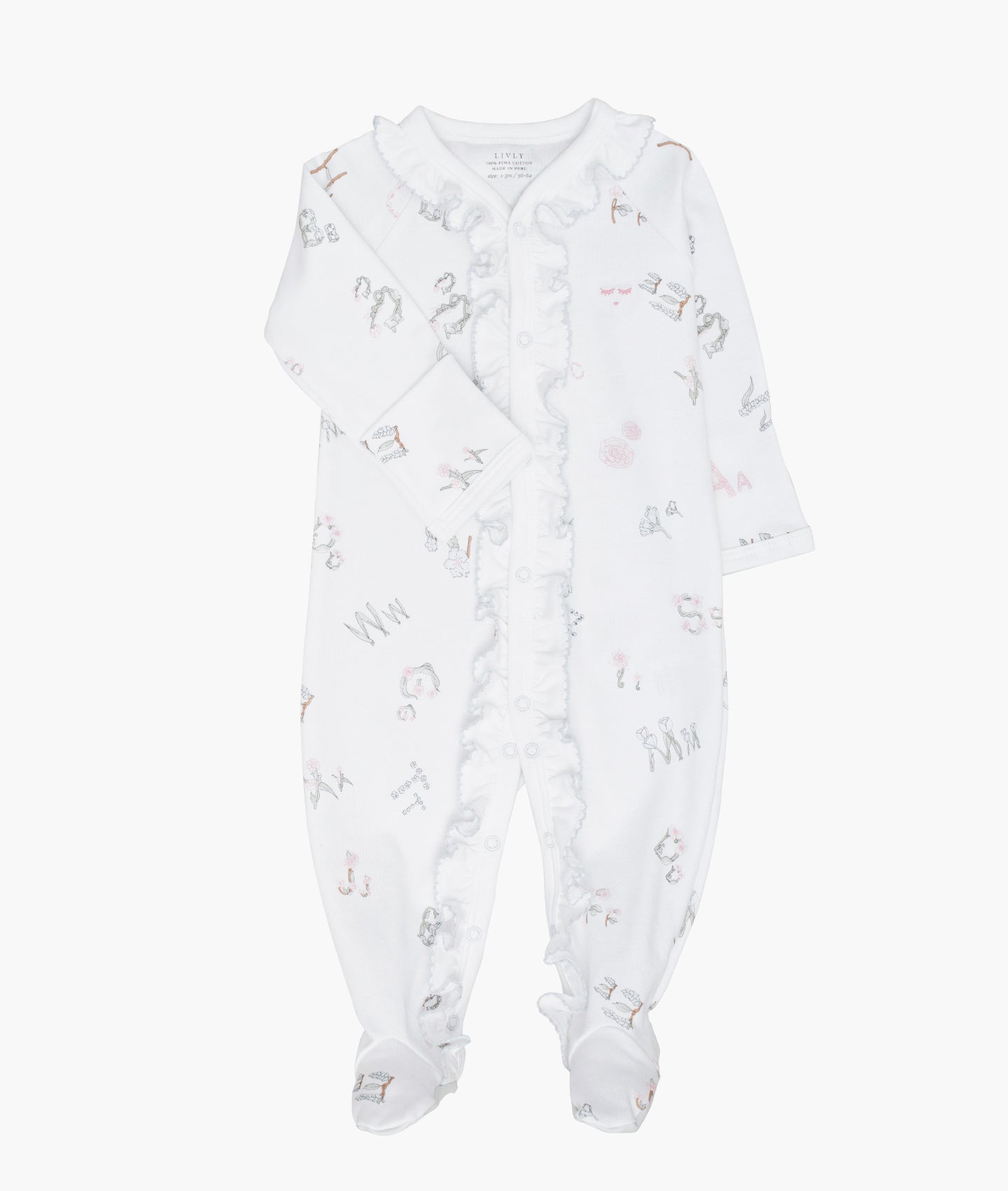 LIVLY Alphabet Flowers Ruffled Footie Hvit