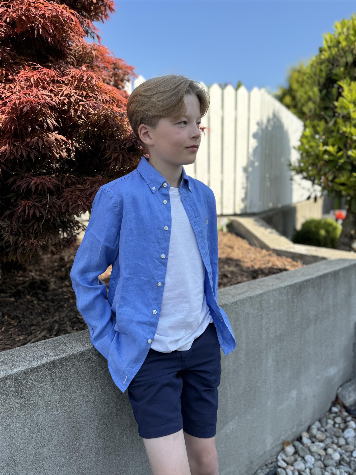 RALPH LAUREN 8-16År Linen Sport Shirt,Teens Mellomblå