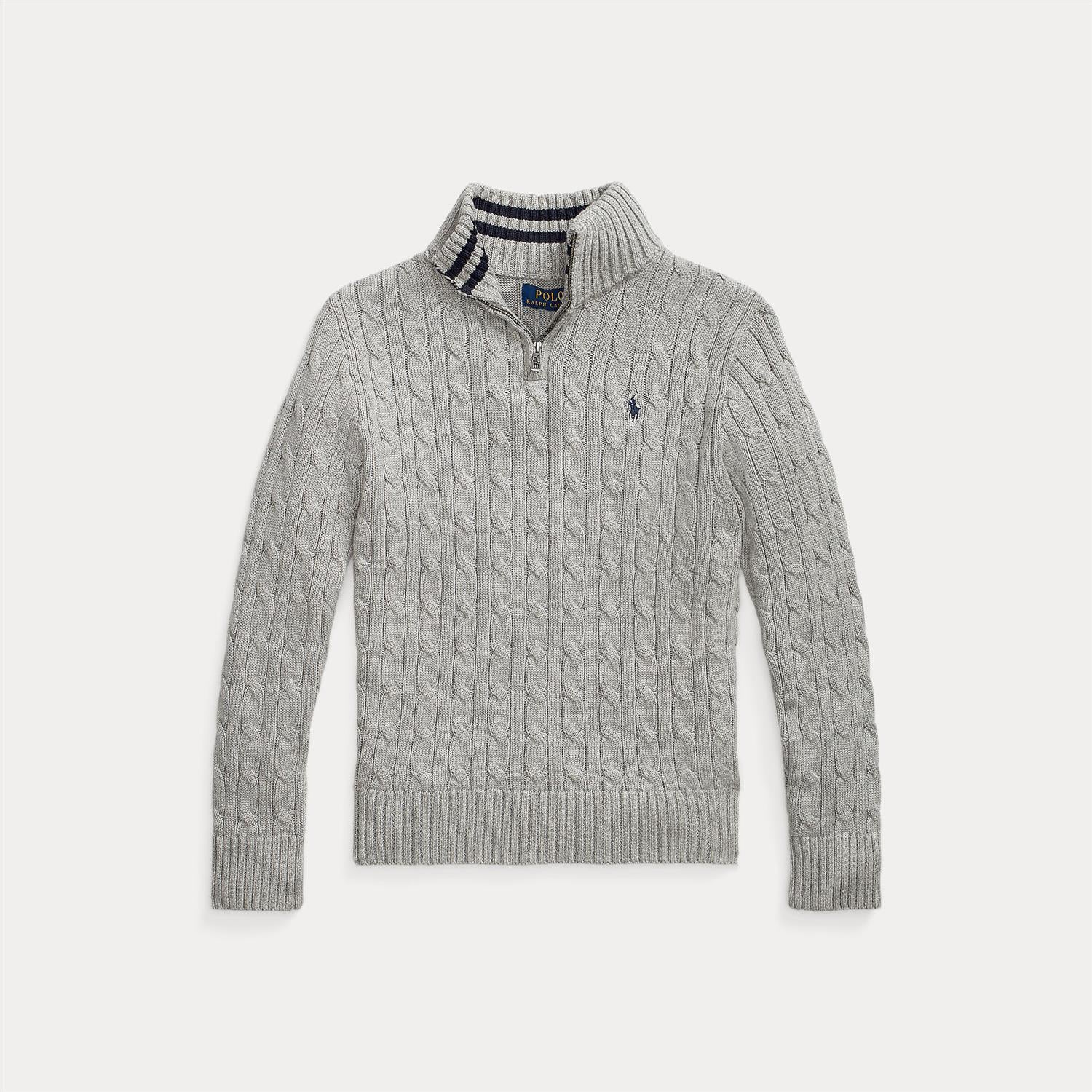 RALPH LAUREN 8-16År Strikket genser m/fletter og zip Grå