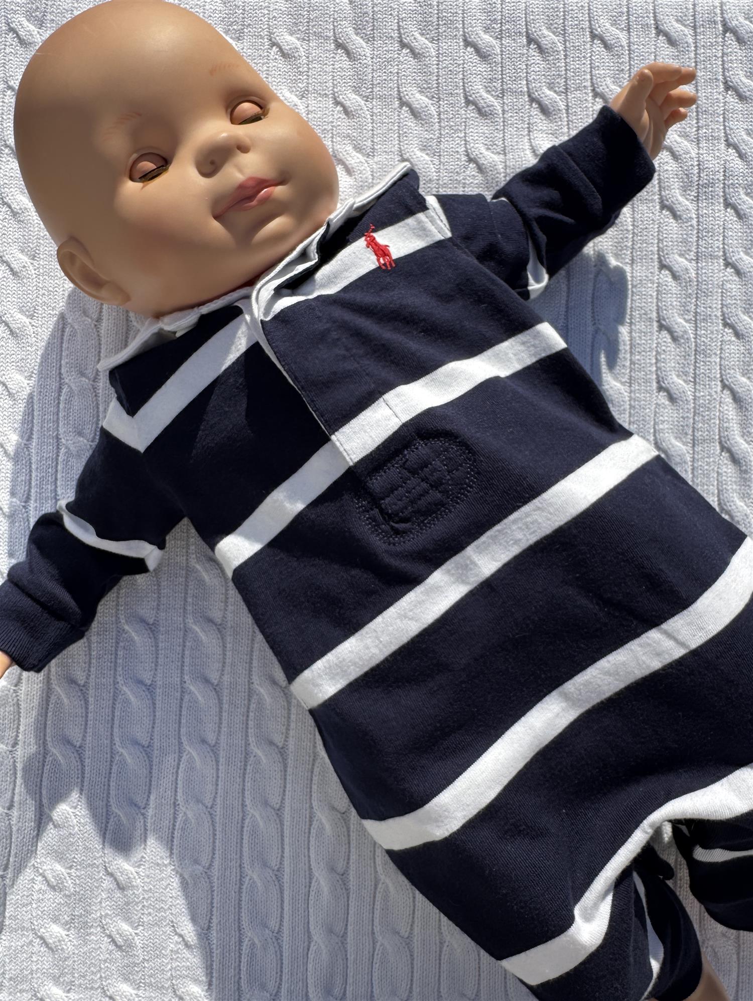 RALPH LAUREN Baby 0-24mnd. Striped Rugby Coverall Blå/Hvit