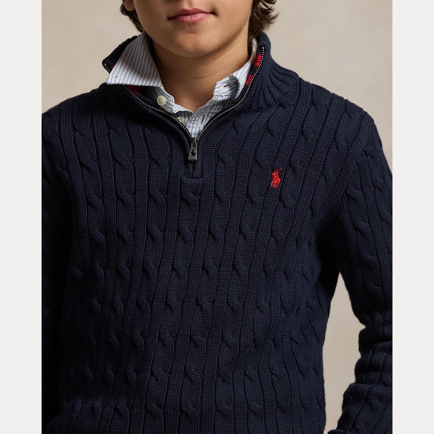 RALPH LAUREN 8-16År Strikket genser m/fletter og zip Mørkeblå