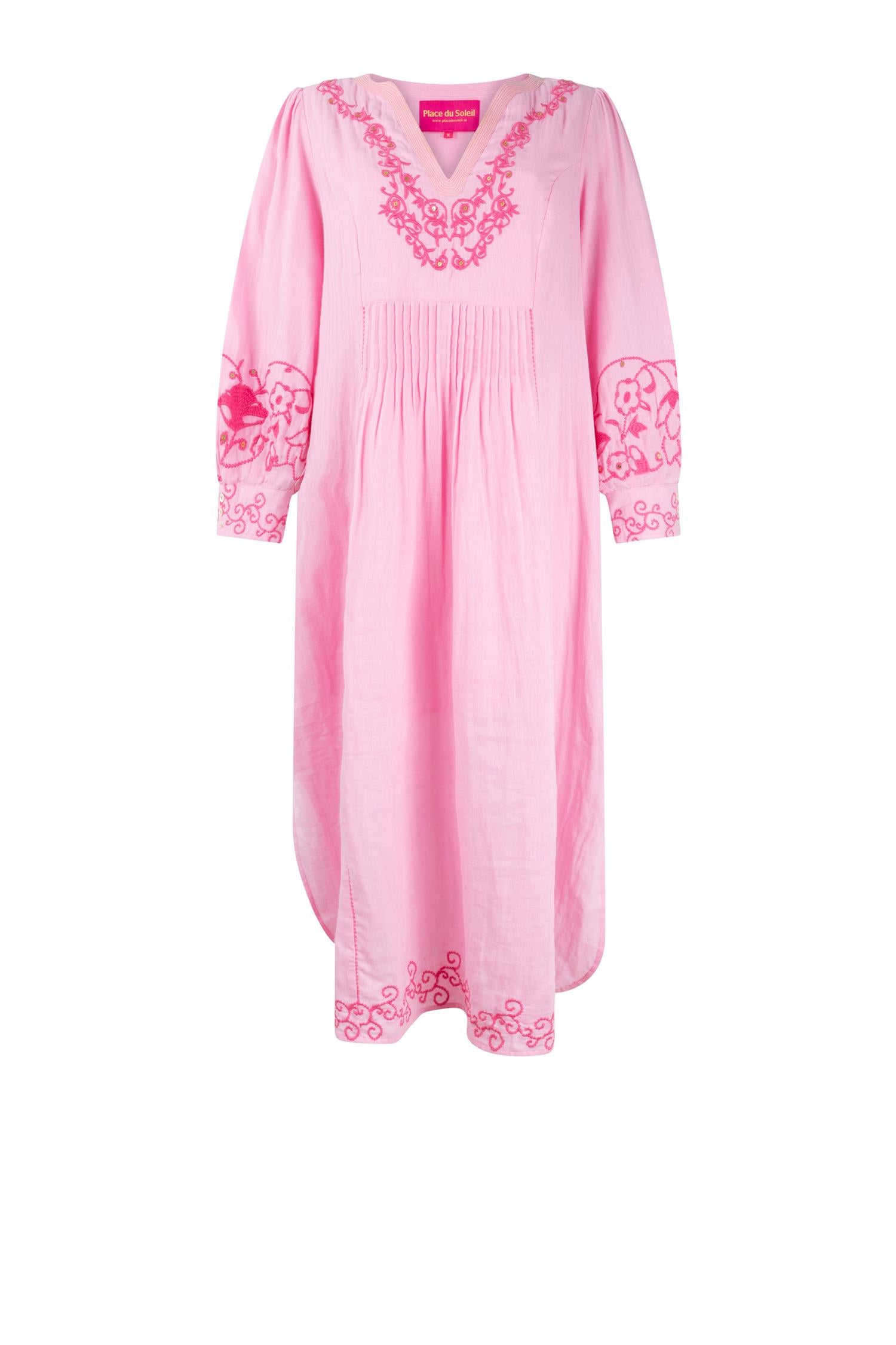 Place du soleil Long dress Pink with darkpink Embroidery Rosa