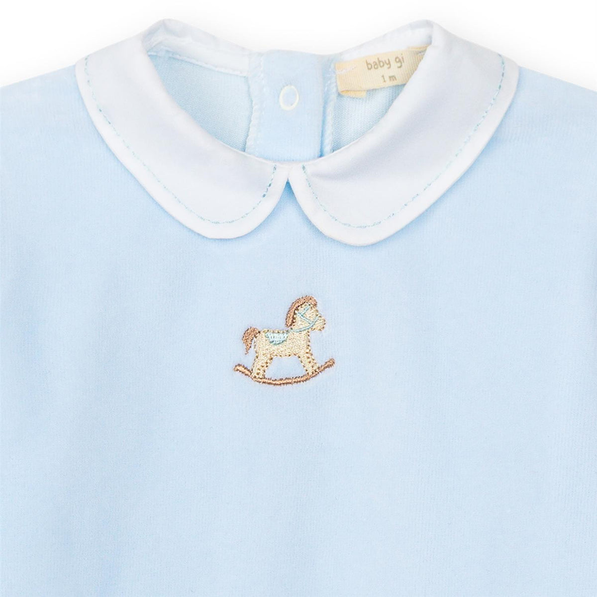 BABY GI babyselldress med fot i blå med rocking horse-mønster for barn 0-3 år, myk og komfortabel heldrakt.