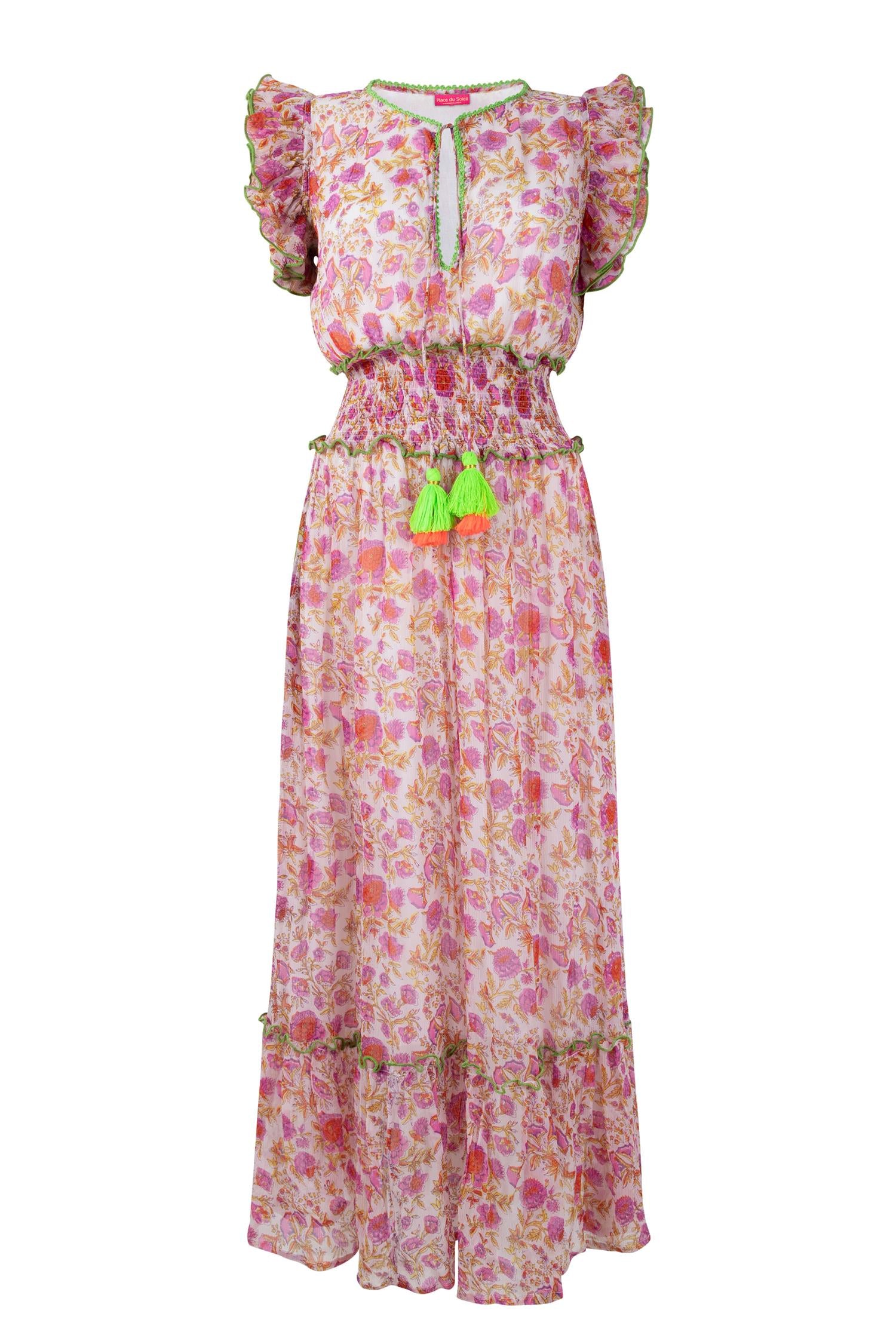 Place du soleil Long Dress With Chiffon & Flower Print Rosa