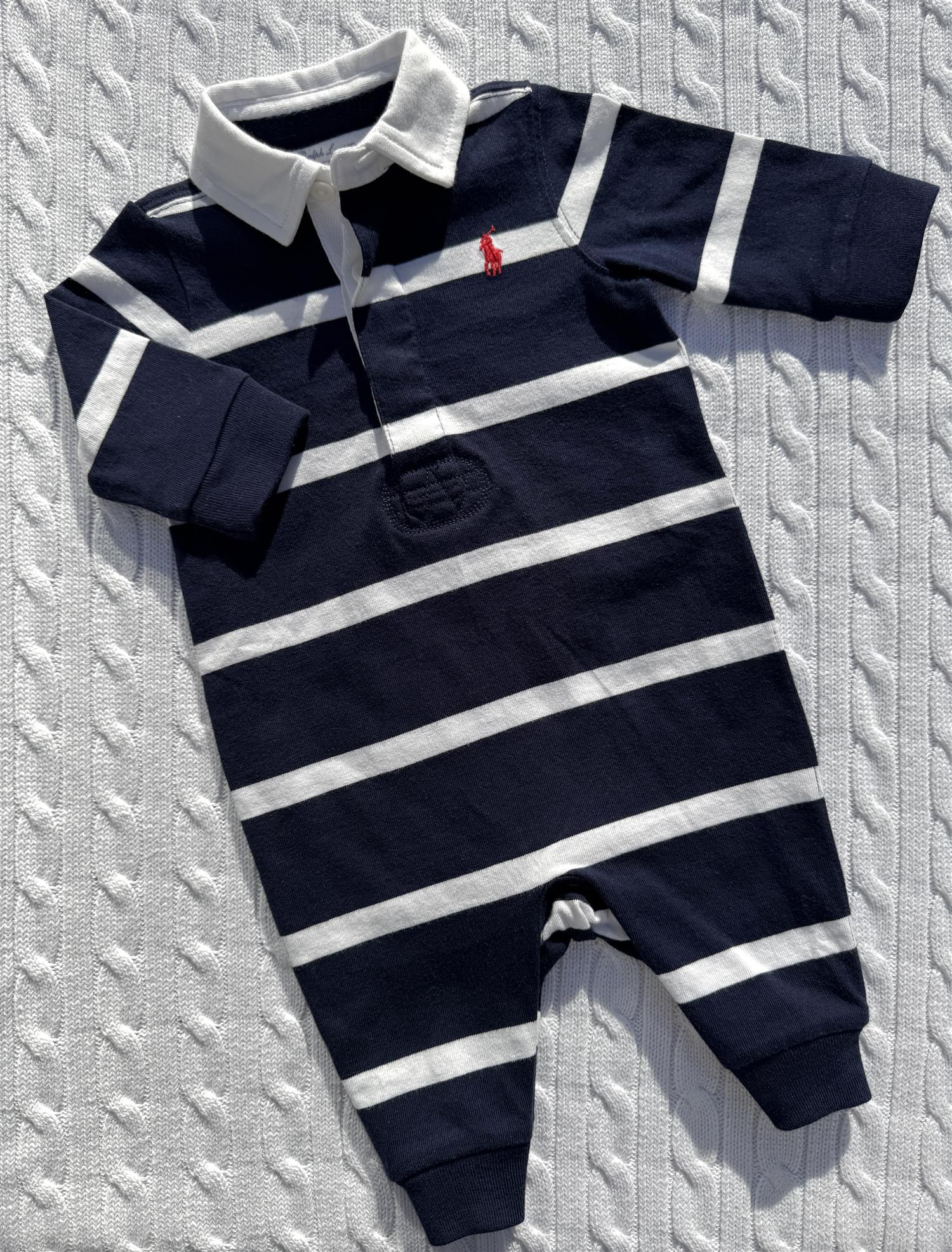 RALPH LAUREN Baby 0-24mnd. Striped Rugby Coverall Blå/Hvit
