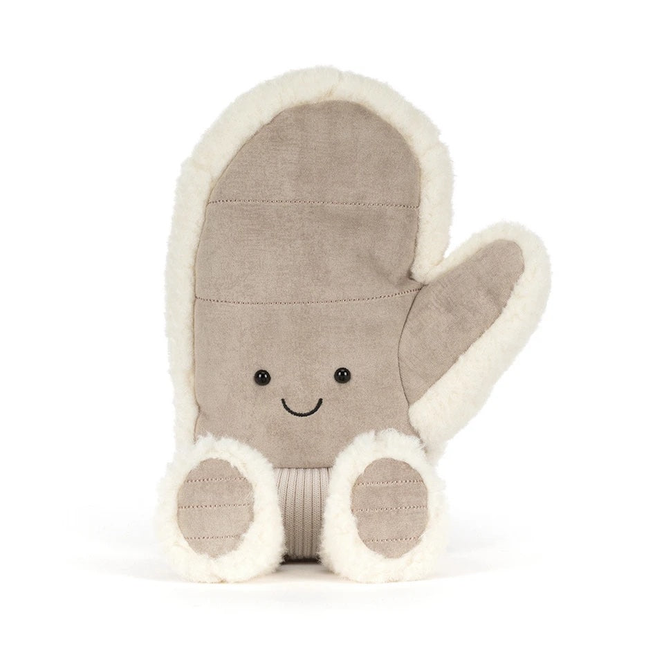 JELLYCAT Amuseables Fitswell Mitten barneleke i myk, fargerik stoff med søte design og bamseansikt.
