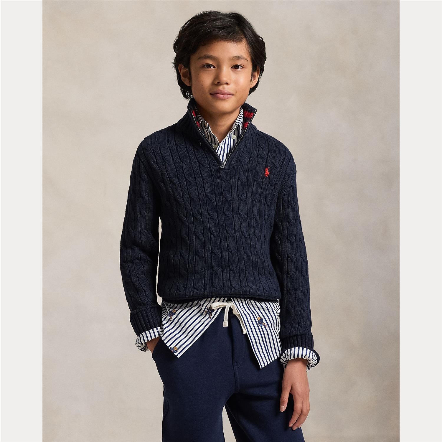 RALPH LAUREN 8-16År Strikket genser m/fletter og zip Mørkeblå