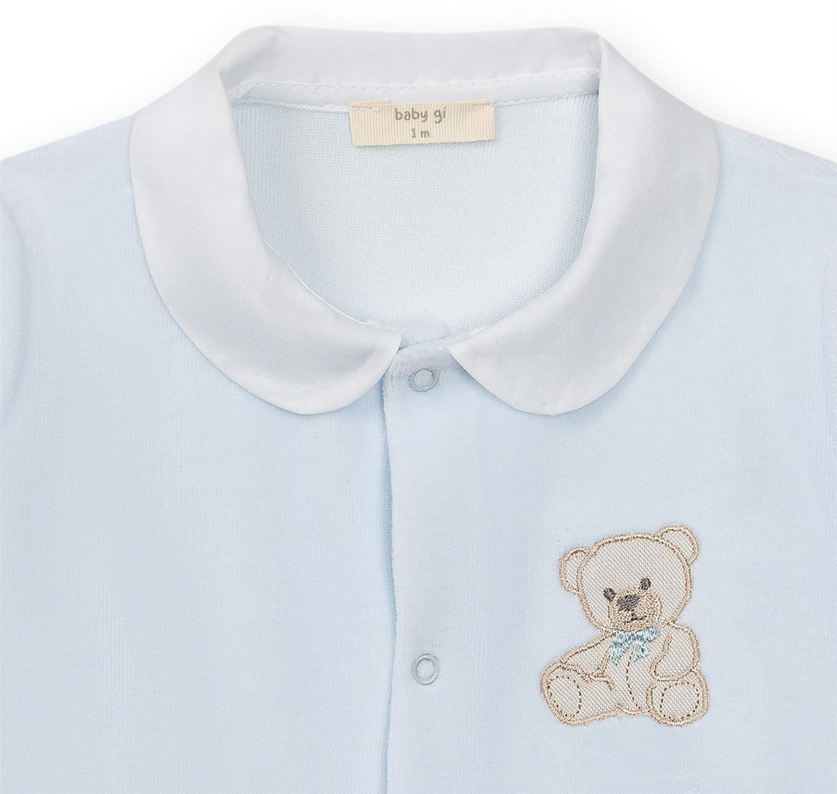 Myk BABY GI babyheldress i blå med teddy-mønster, komfortabel og søt for barn 0-3 år, med fot og myke detaljer