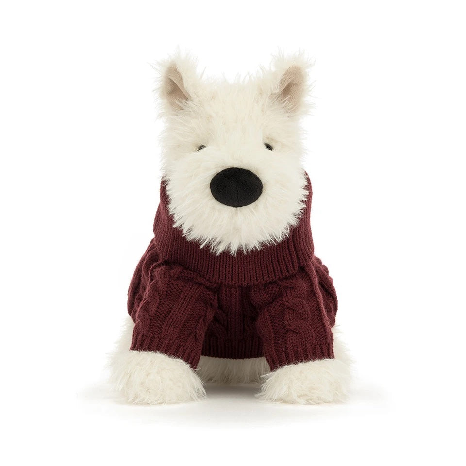 JELLYCAT Munro Scottie Dog vintergenser og antrekk for barn, myk og koselig med Scottie hundemotiv.