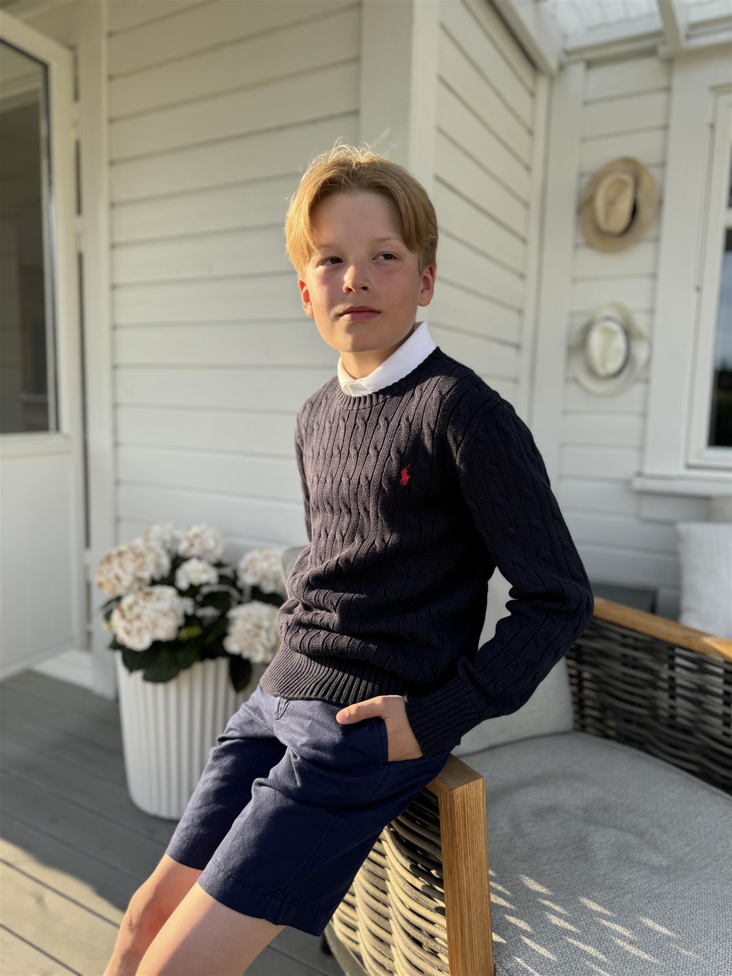 RALPH LAUREN 8-16År Strikket genser m/fletter Mørkeblå