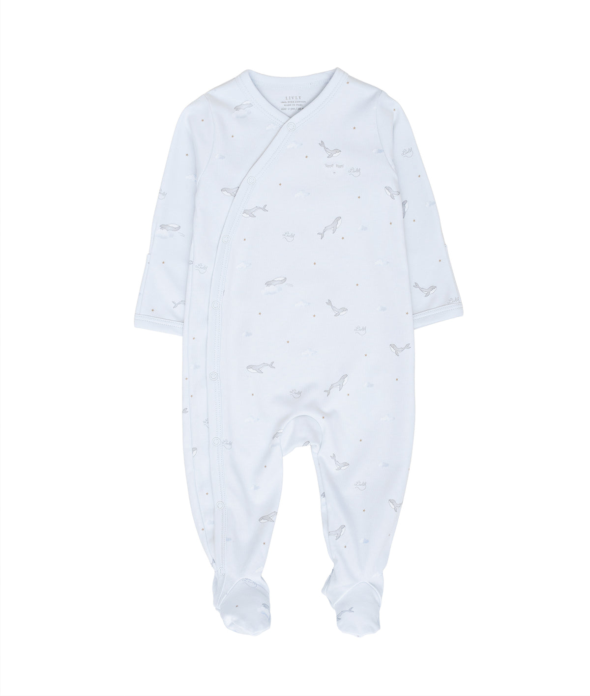 LIVLY Whales Crossed Footie heldress i lys blå med hvalmønster for baby