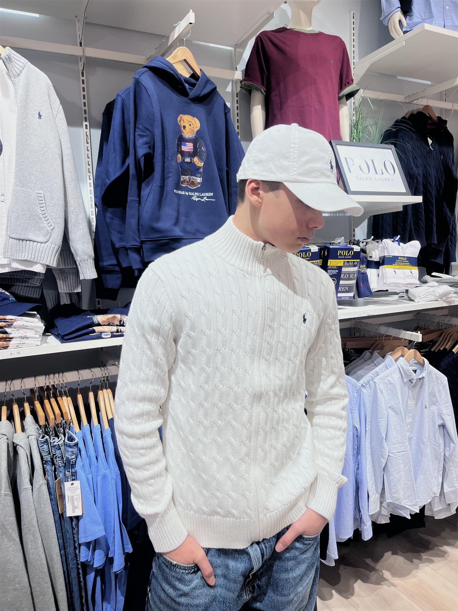 RALPH LAUREN 8-16År Strikket jakke m/fletter og zip Hvit