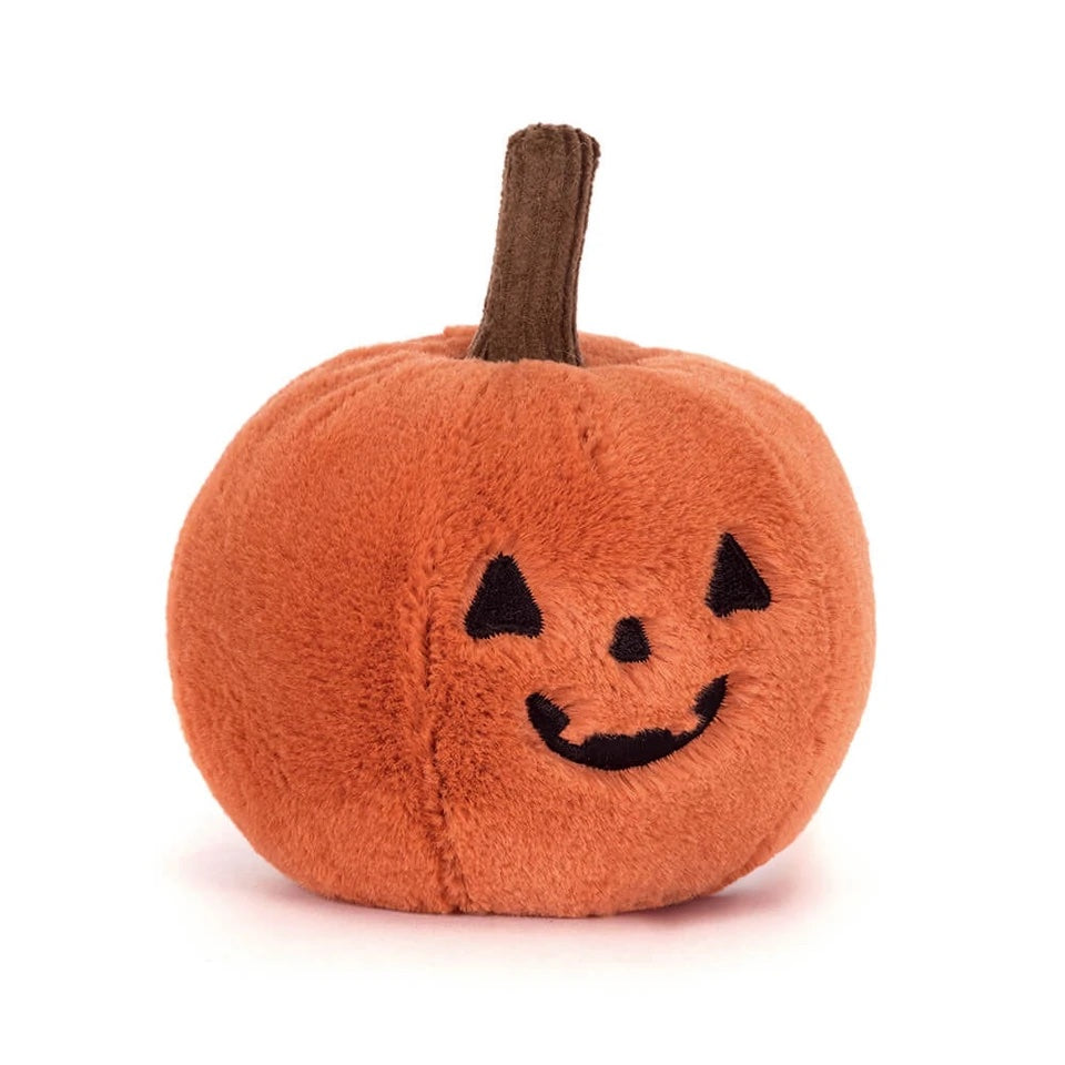 Jellycat Ooky Jack O Lantern bamse, 10 cm, sittende, myk og søt leketøy for barn med oransje og svart design.