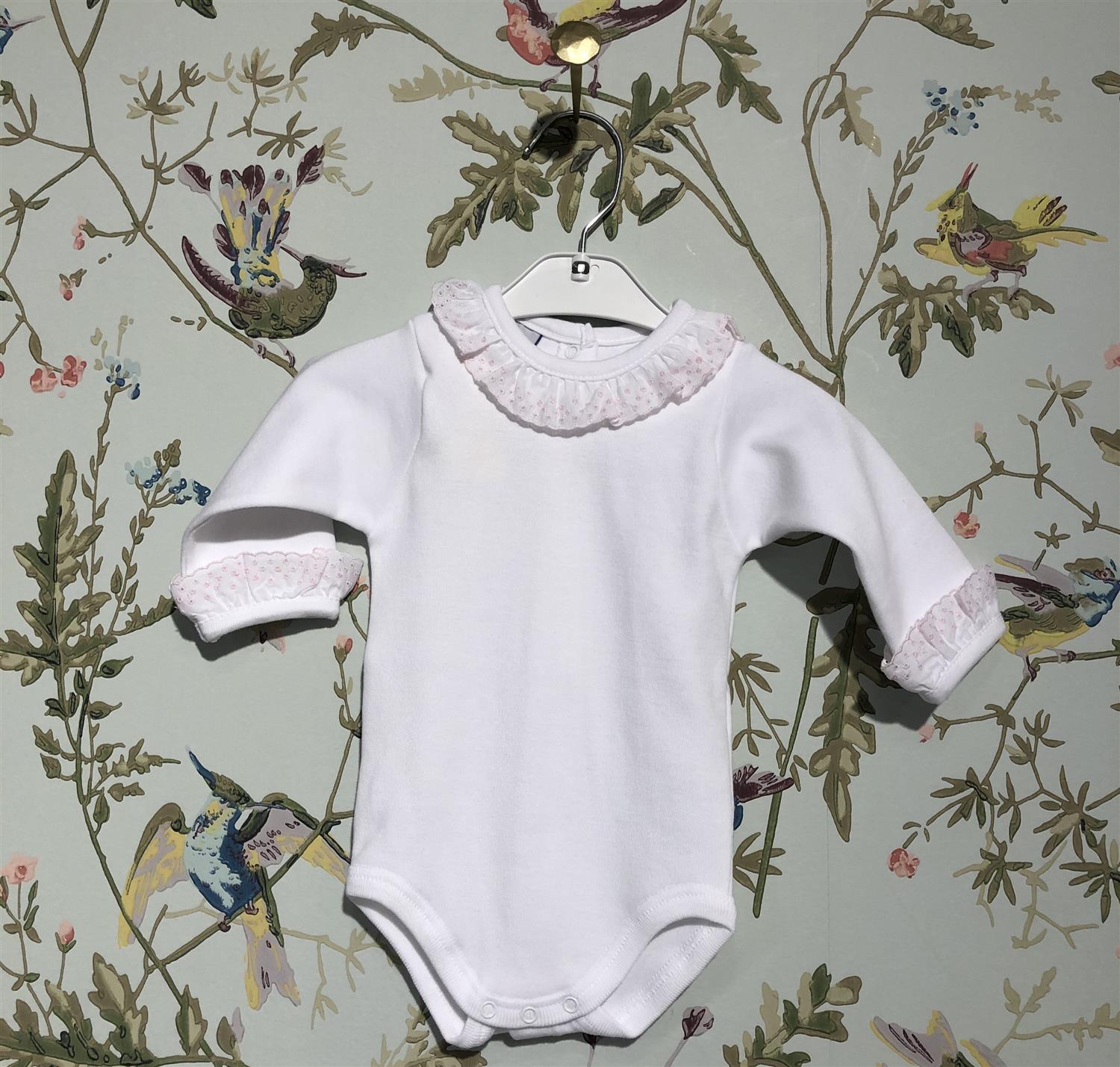 BABIDU 1191 Body m/rosa blondekrage Hvit - Farmor Ingvarda