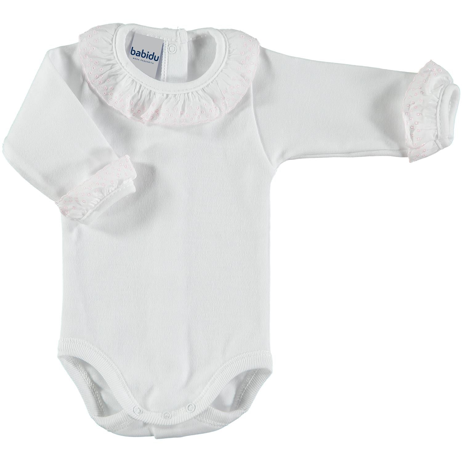 BABIDU 1191 Body m/rosa blondekrage Hvit - Farmor Ingvarda