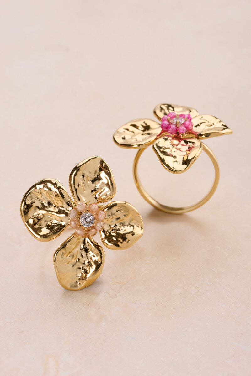 MY JEWELLERY Botanical ring with flower and beige beads