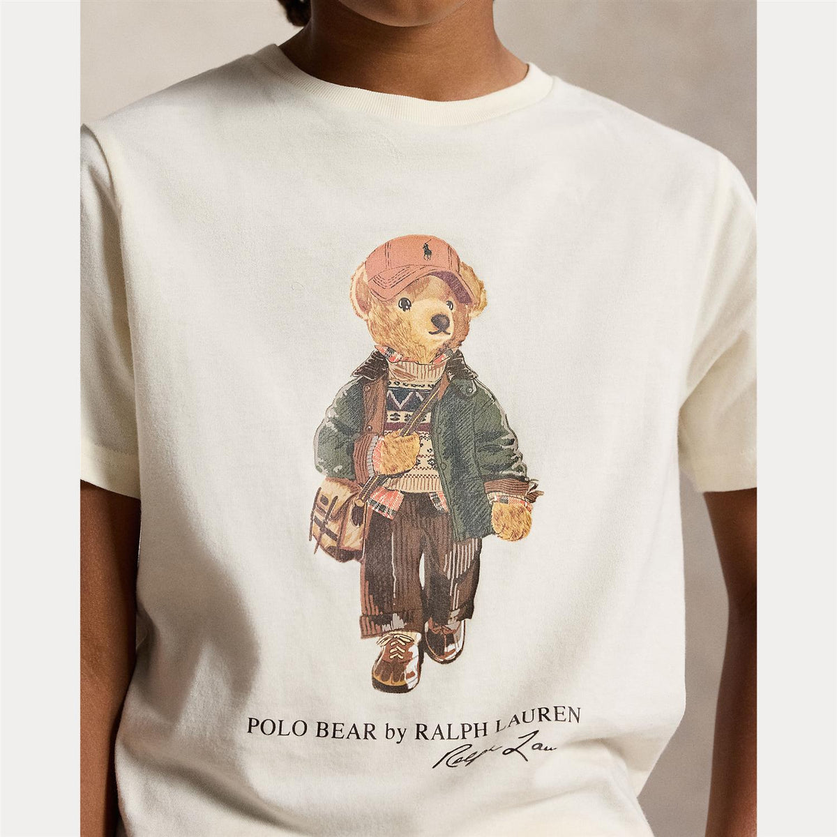 Ralph Lauren barn T-skjorte med Polo Bear i kremfarge, egnet for barn 8-16 år, overdel i mykt stoff.