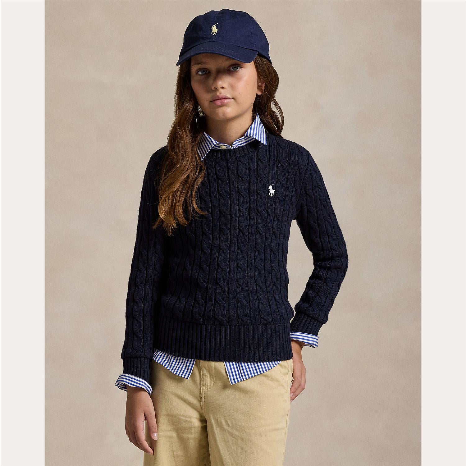 RALPH LAUREN 8-16År Genser m/flettestrikk,Jente Mørkeblå