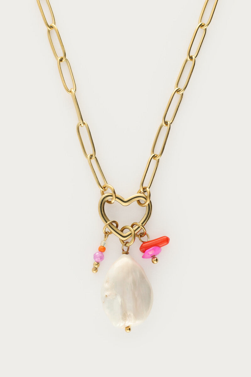 MY JEWELLERY Botanical chain necklace with heart charm and beads - Farmor Ingvarda