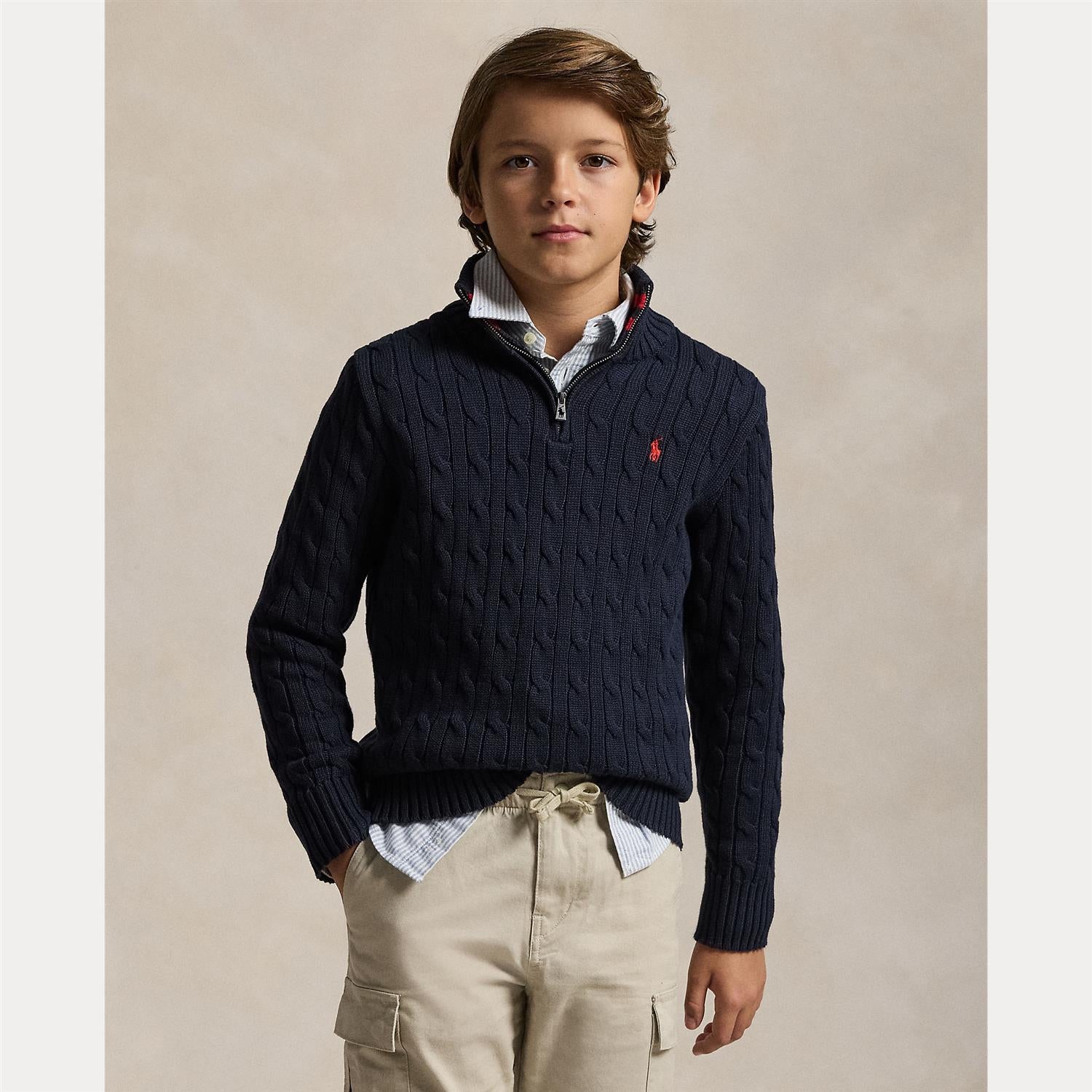 RALPH LAUREN 8-16År Strikket genser m/fletter og zip Mørkeblå