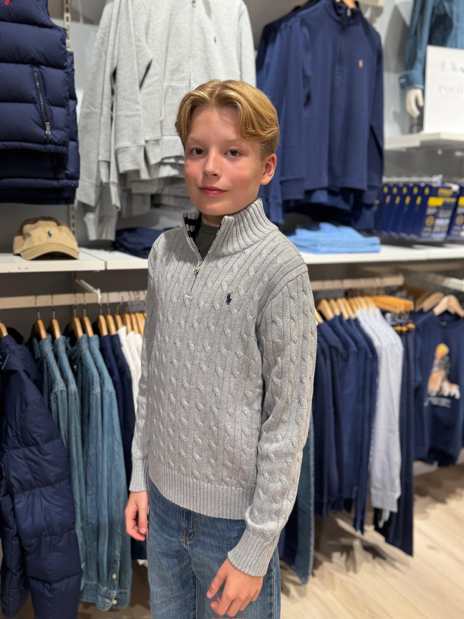 RALPH LAUREN 8-16År Strikket genser m/fletter og zip Grå