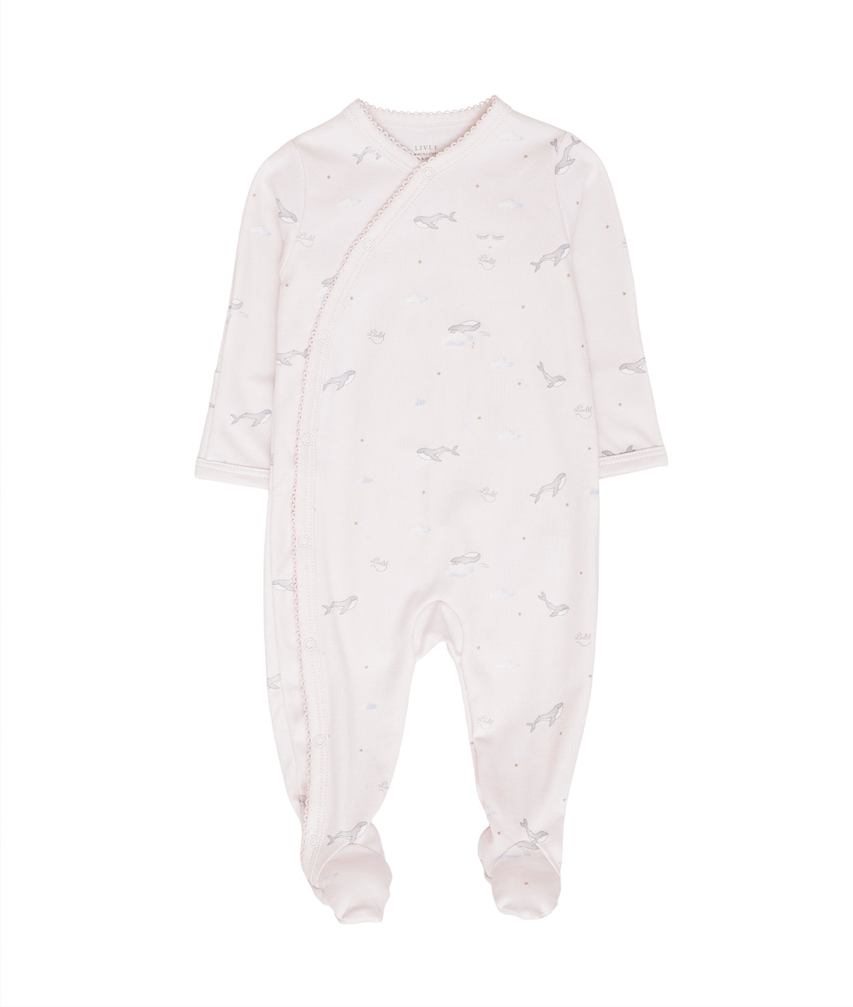 LIVLY Whales Crossed Footie i lys rosa, myk heldress for babyer 0–3 år