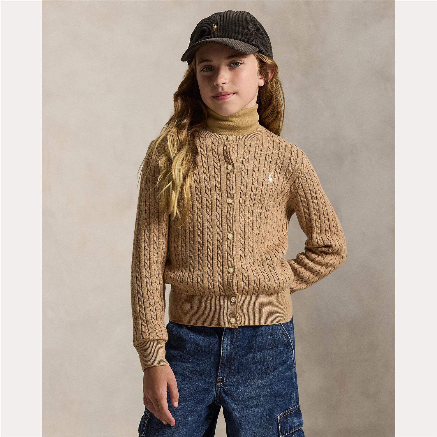 RALPH LAUREN 8-16År Cardigan m/flettestrikk,Jente Camel