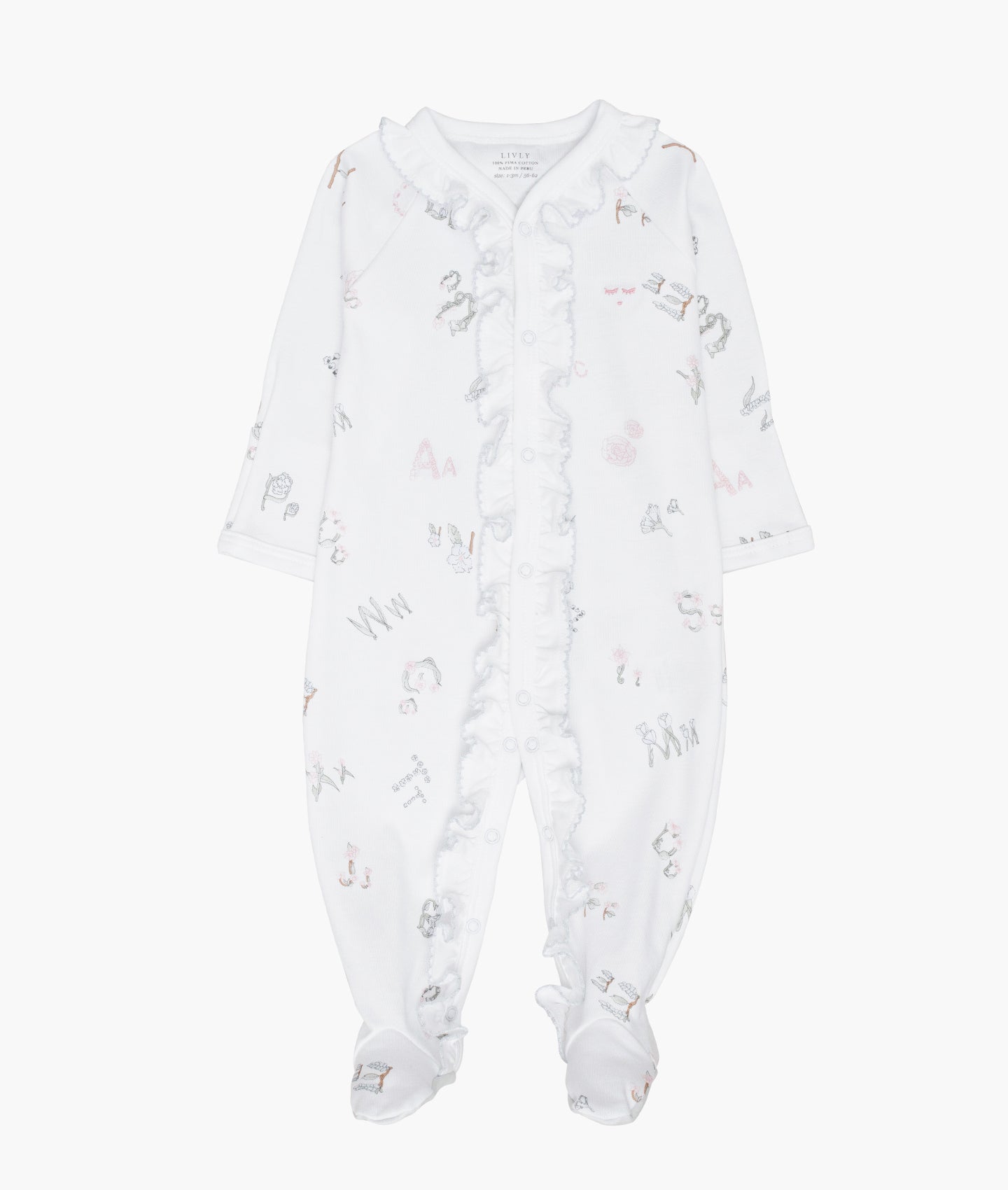 LIVLY Alphabet Flowers Ruffled Footie Hvit